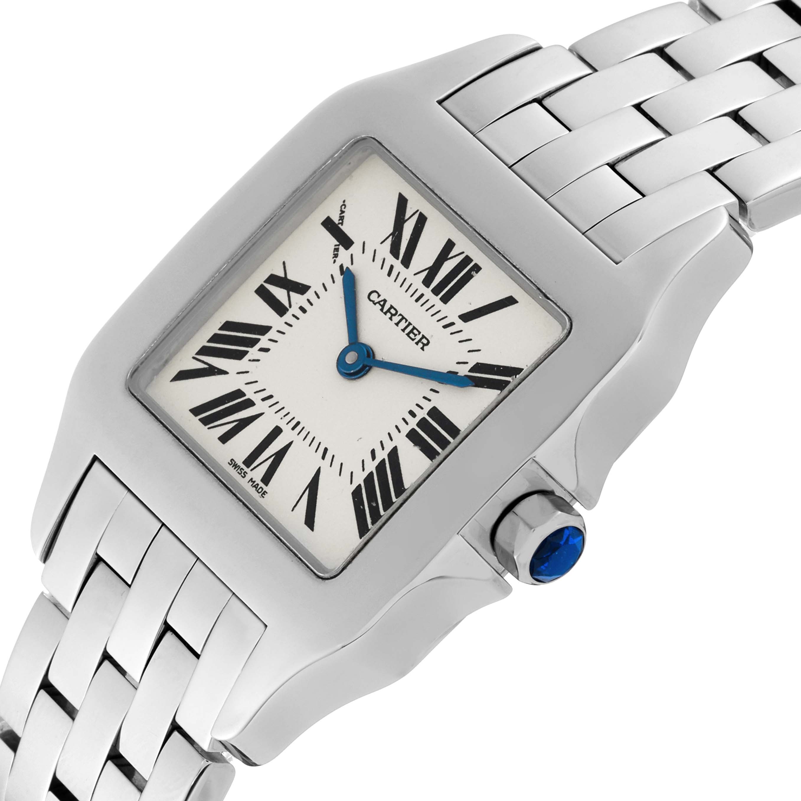 The image shows a close-up angle of the Cartier Santos W25065Z5 Women's Stainless Steel Silver Dial W25065Z5 Women's Stainless Steel Silver Dial watch's dial, bezel, and part of the bracelet.