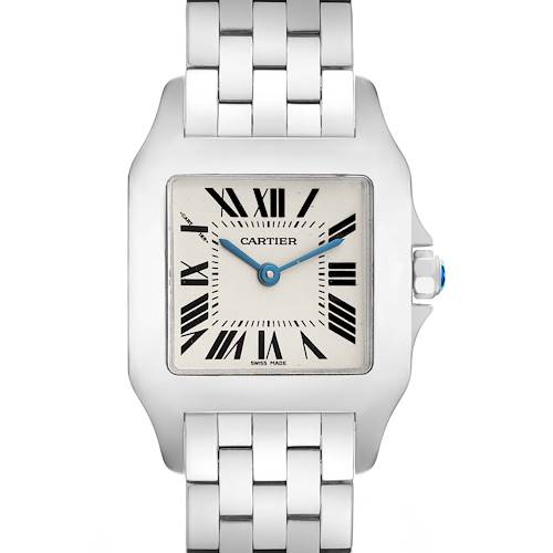 The image shows a front view of the Cartier Santos watch, highlighting its square face, Roman numerals, and metal bracelet.