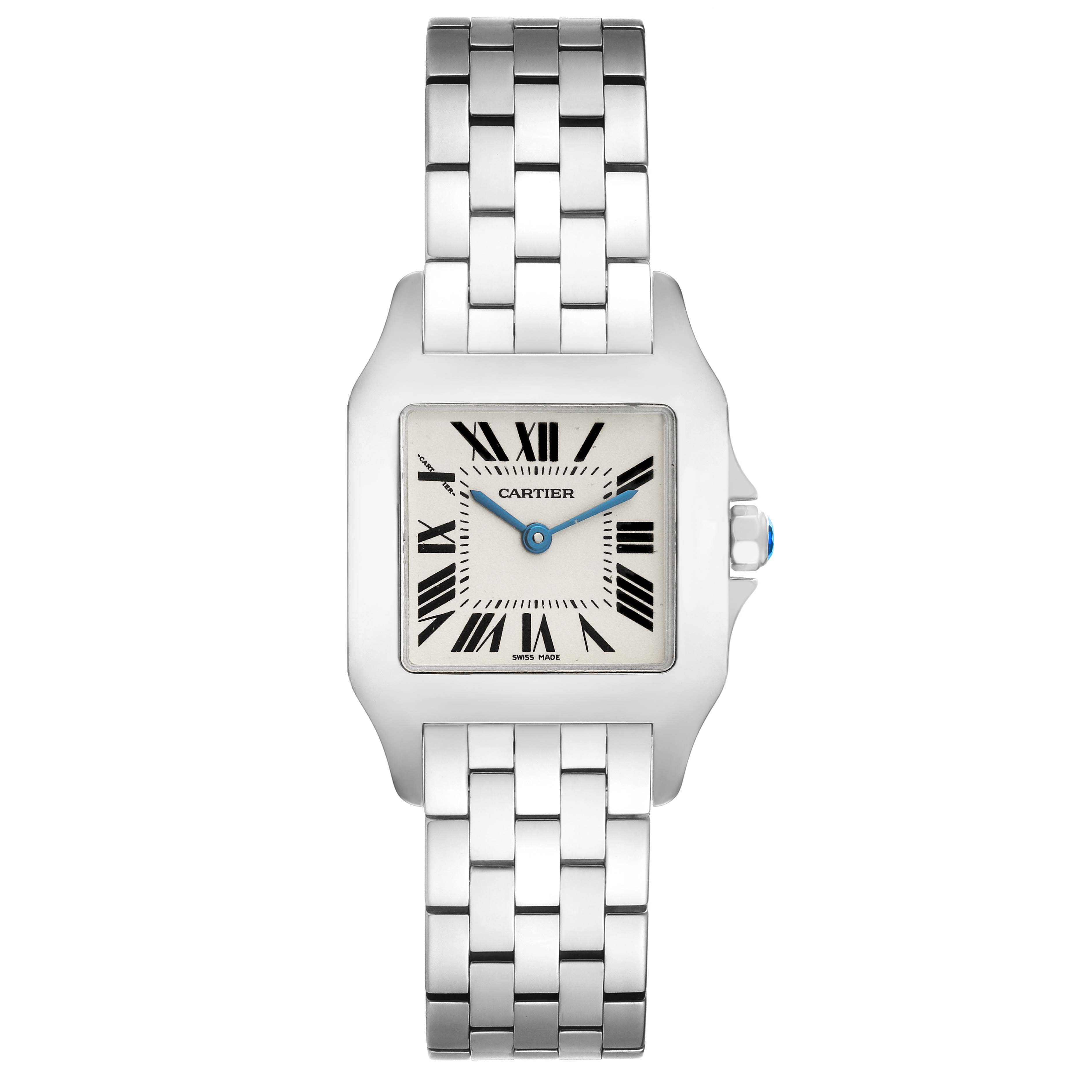 This image shows a front view of the Cartier Santos W25065Z5 Women's Stainless Steel Silver Dial W25065Z5 Women's Stainless Steel Silver Dial watch, highlighting its square face, Roman numerals, and metal bracelet.