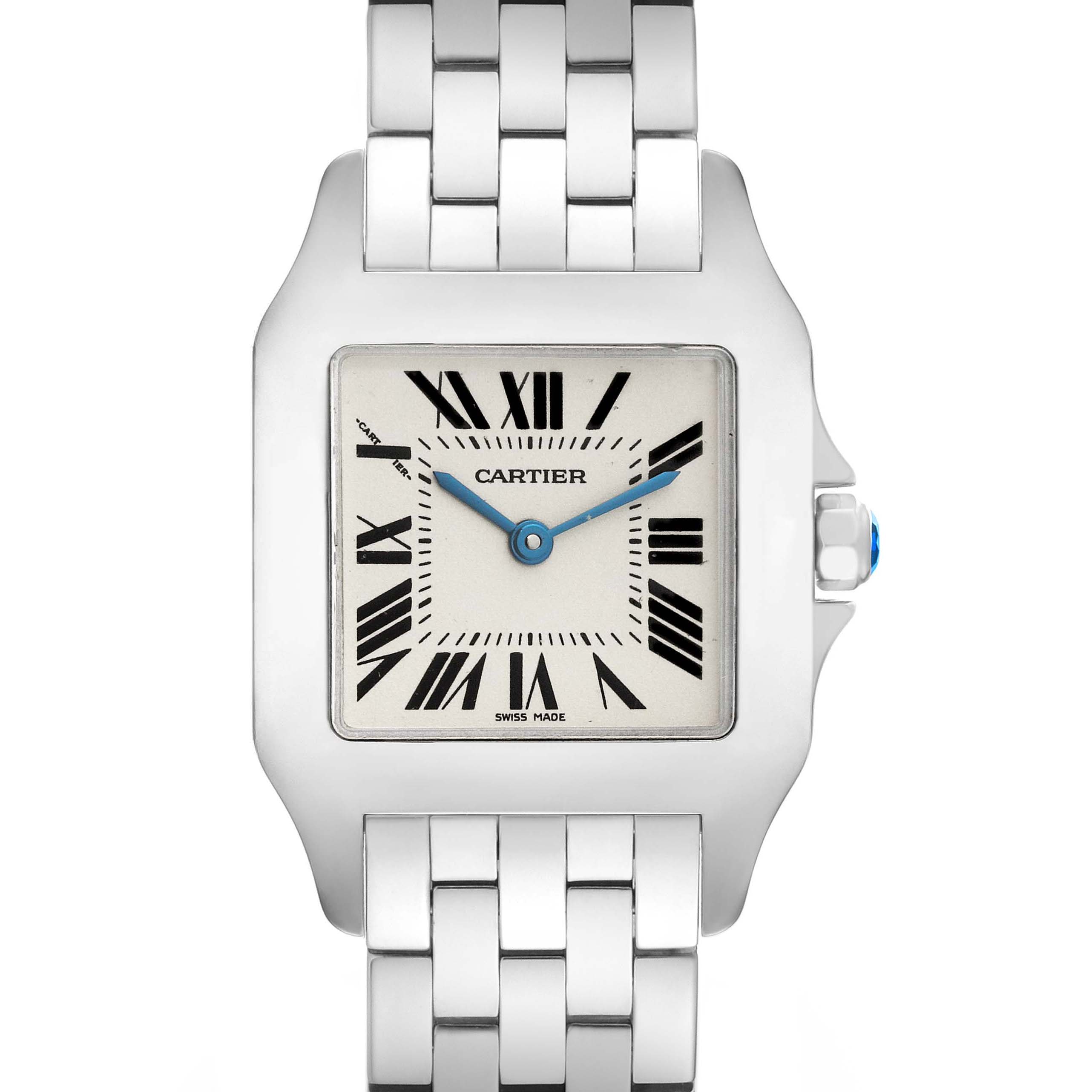 The image shows a frontal view of a Cartier Santos W25065Z5 Women's Stainless Steel Silver Dial W25065Z5 Women's Stainless Steel Silver Dial watch featuring a square dial, Roman numerals, and a metal bracelet.