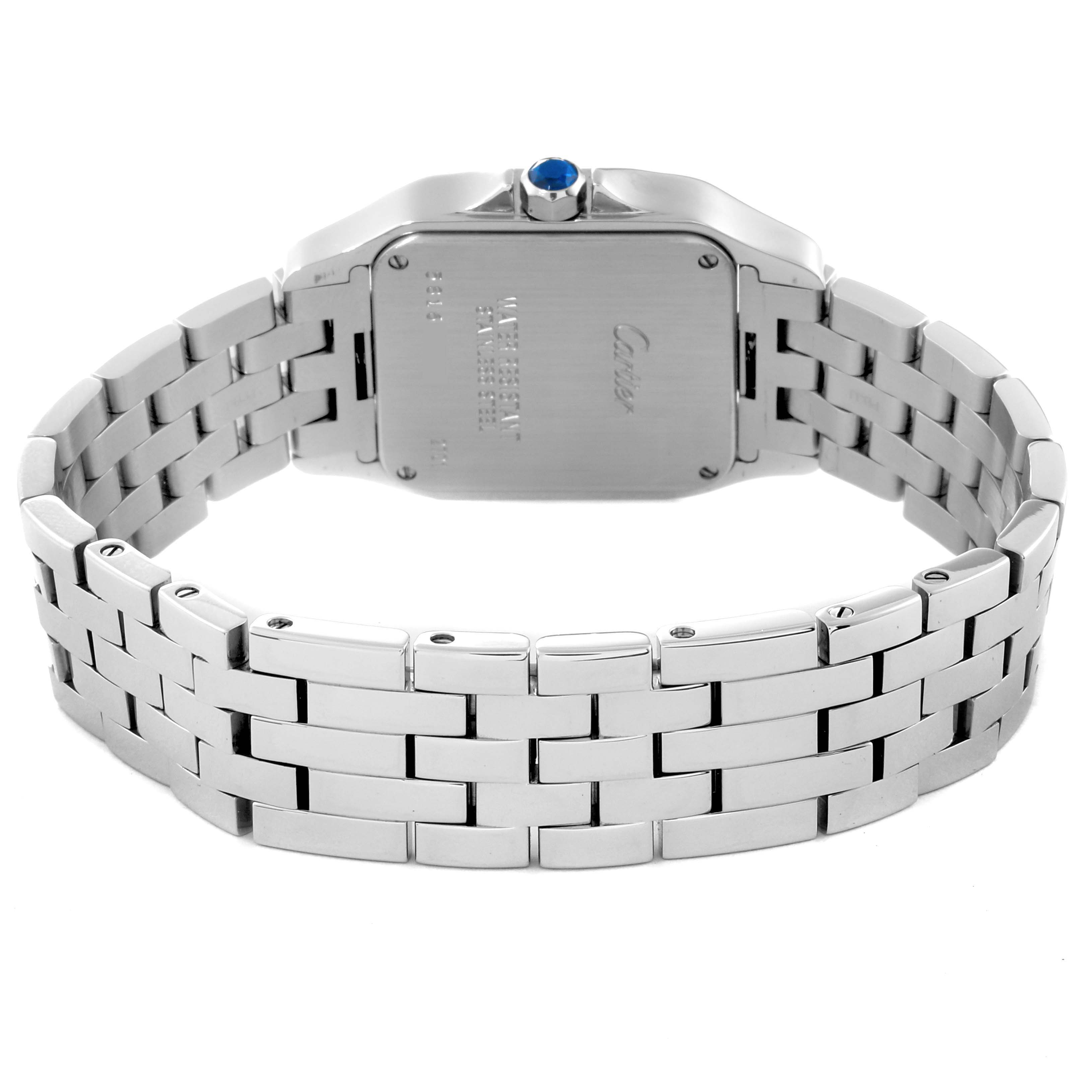 This image shows the back view of a Cartier Santos W25065Z5 Women's Stainless Steel Silver Dial W25065Z5 Women's Stainless Steel Silver Dial watch, highlighting its stainless steel case and bracelet.