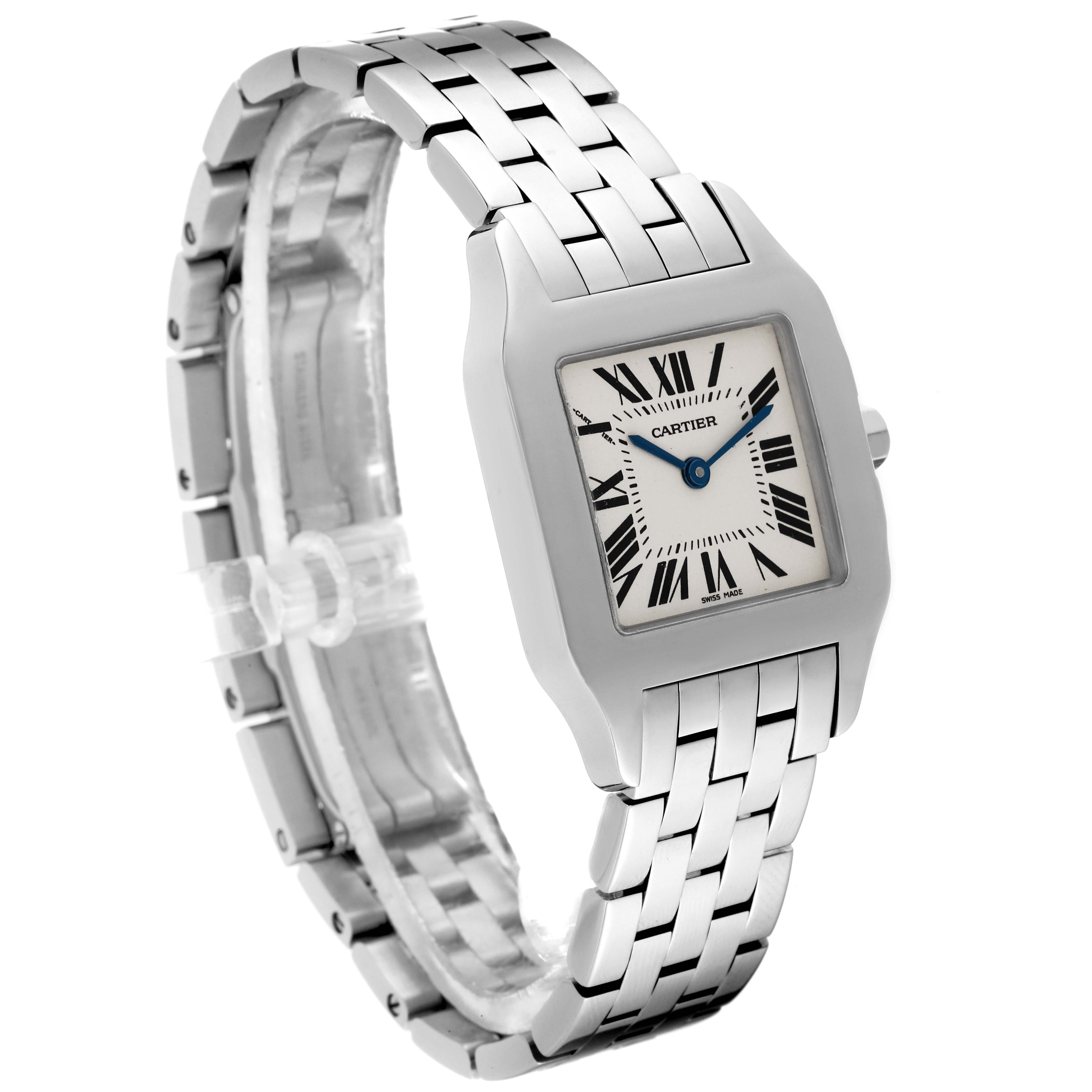 This image shows a Cartier Santos W25065Z5 Women's Stainless Steel Silver Dial W25065Z5 Women's Stainless Steel Silver Dial watch at a slight right-side angle, highlighting its square face and metal bracelet.