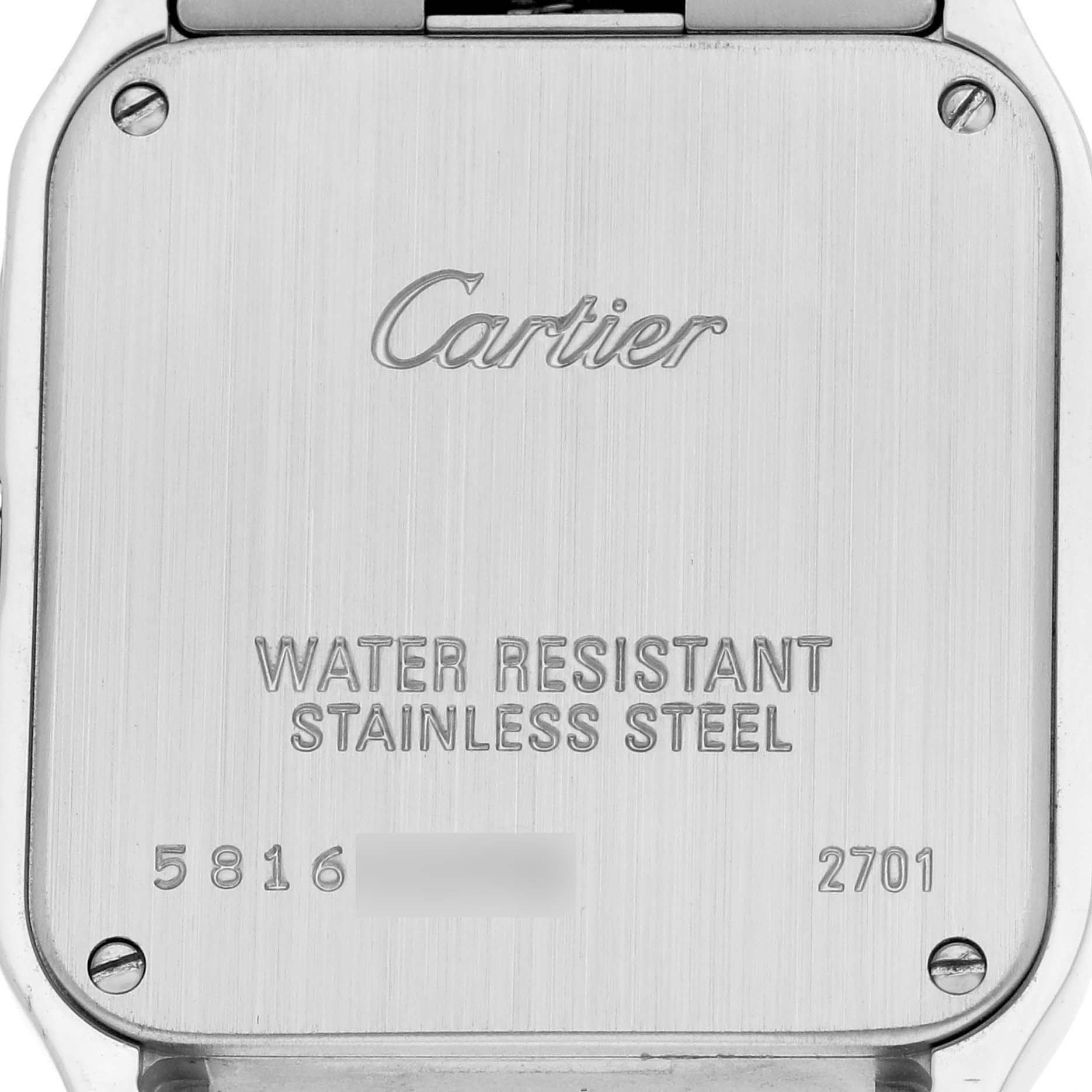 The image shows the back case of a Cartier Santos W25065Z5 Women's Stainless Steel Silver Dial W25065Z5 Women's Stainless Steel Silver Dial watch, detailing its water resistance and stainless steel material.