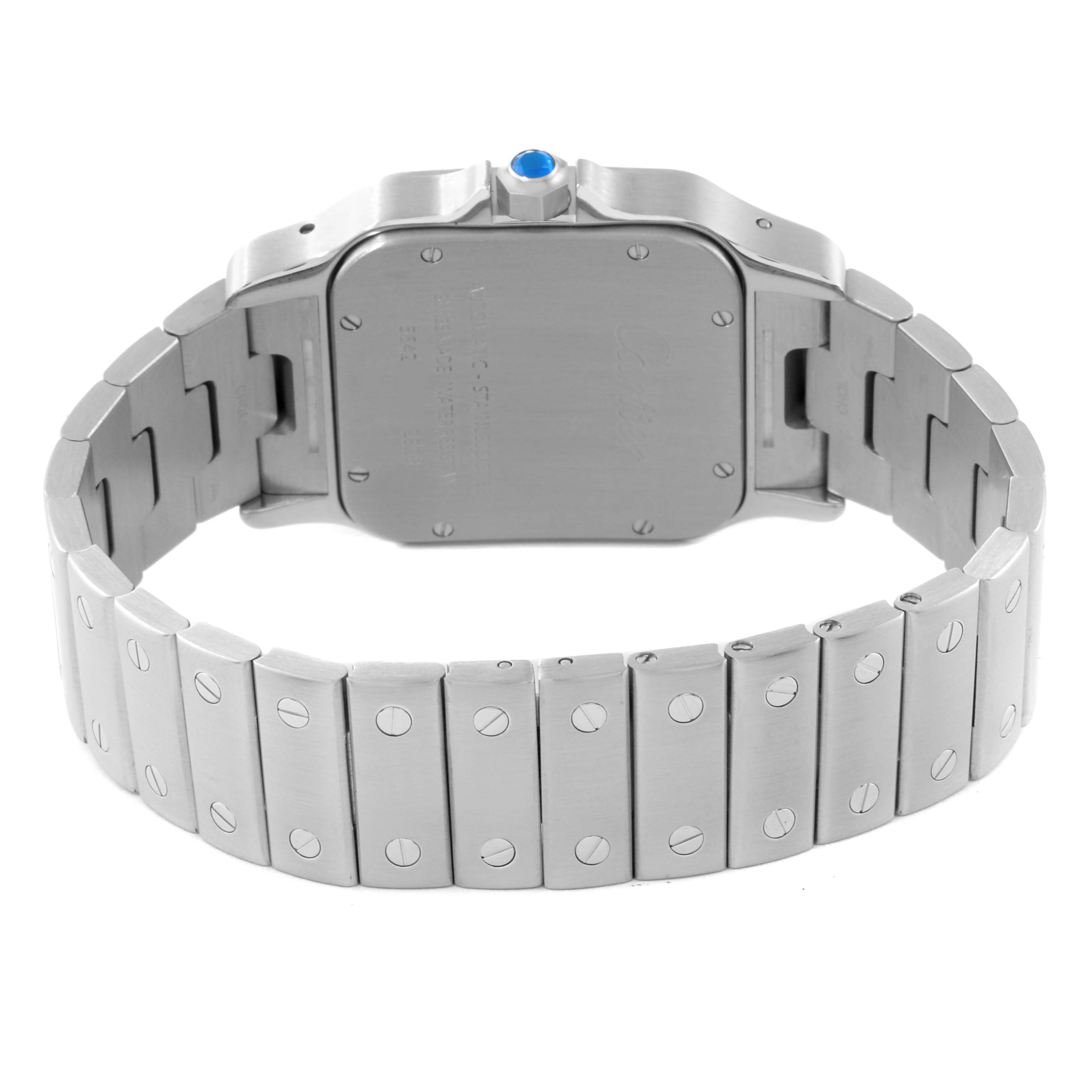 The image shows the back and metal bracelet of the Santos model by Cartier from a rear angle.