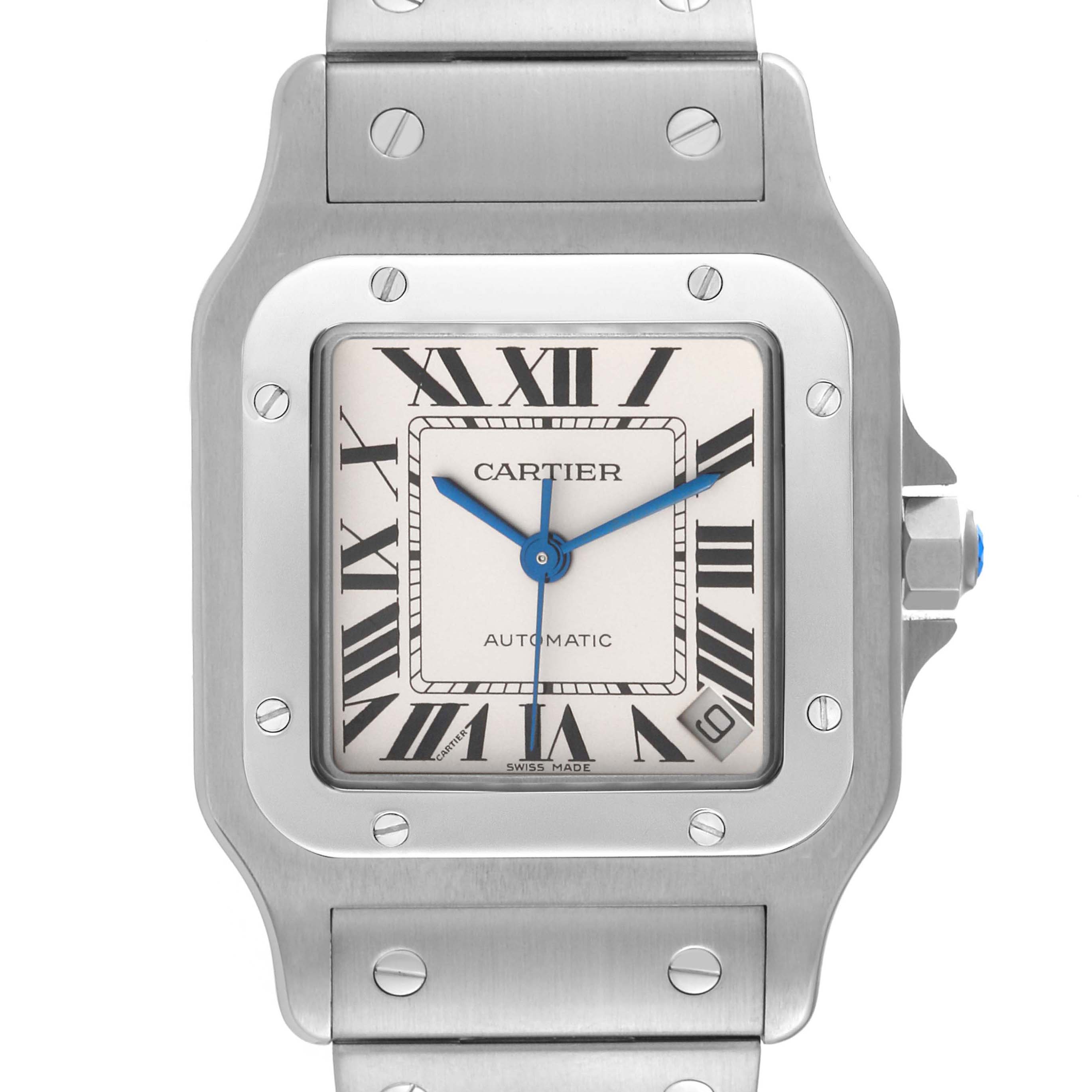 The image shows a close-up front view of the face and part of the metal bracelet of a Cartier Santos W20098D6 Men's Stainless Steel Silver Dial W20098D6 Men's Stainless Steel Silver Dial watch.