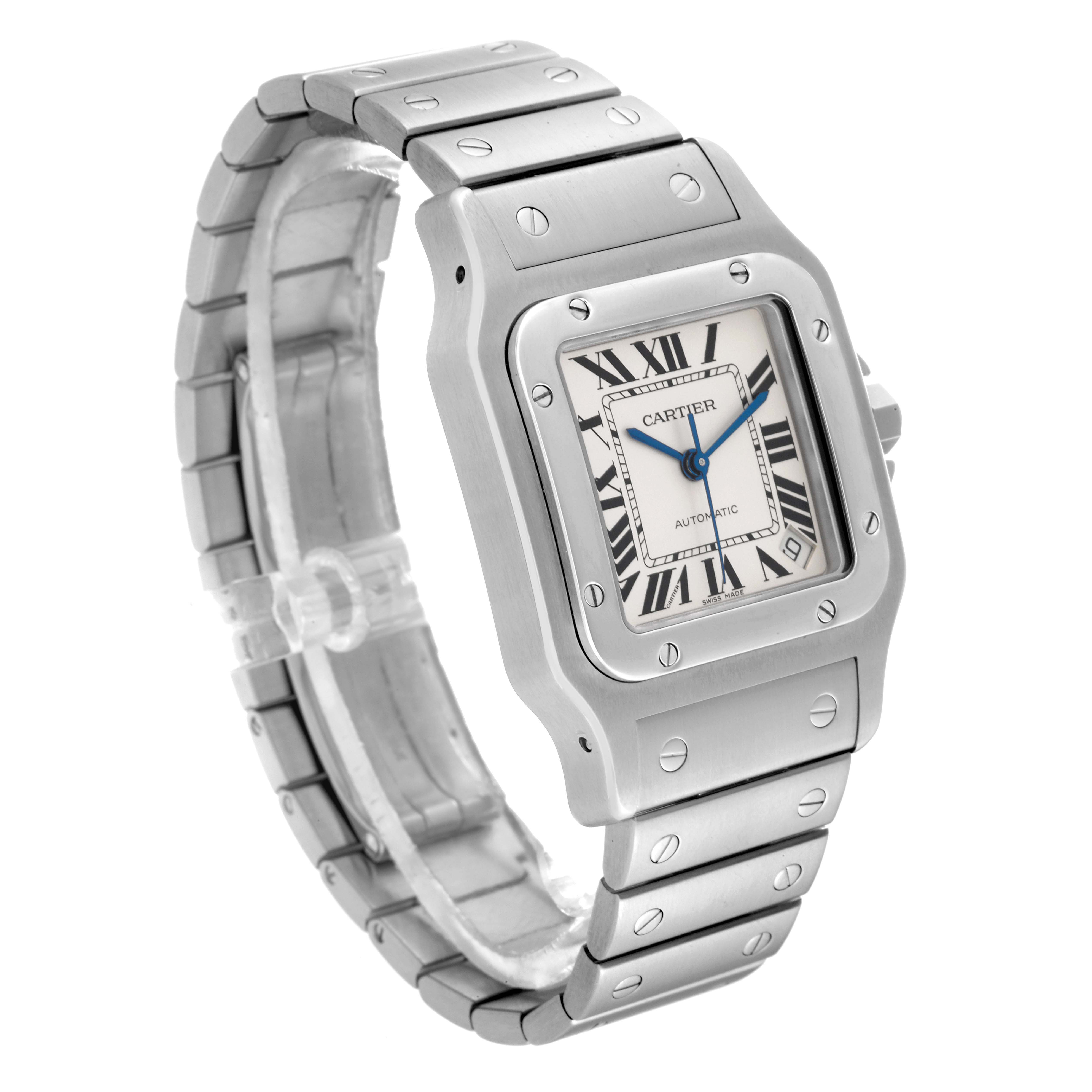 This image shows a Cartier Santos W20098D6 Men's Stainless Steel Silver Dial W20098D6 Men's Stainless Steel Silver Dial watch at a three-quarter angle, detailing the face, bezel, bracelet, and crown.
