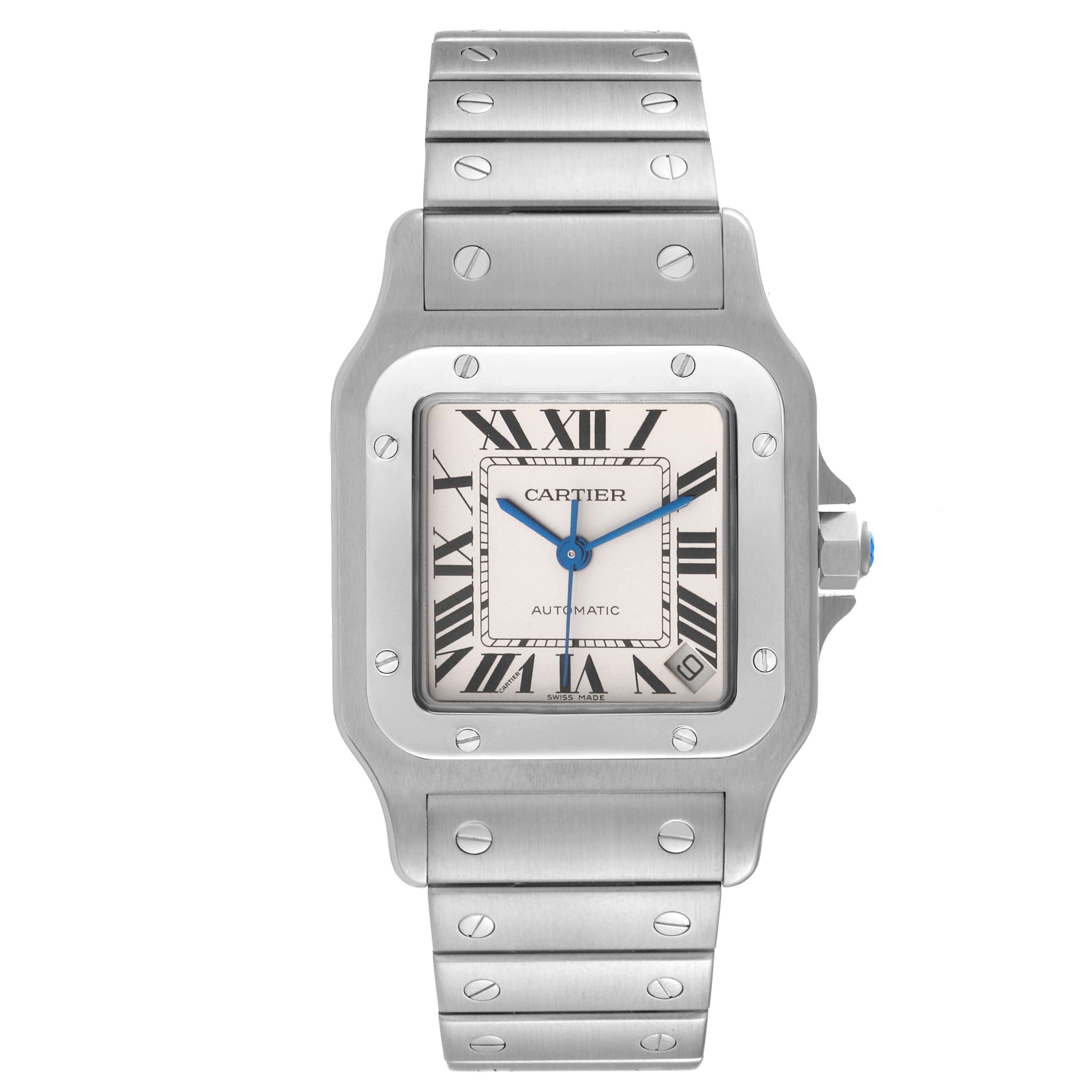 This image shows a front view of the Cartier Santos W20098D6 Men's Stainless Steel Silver Dial W20098D6 Men's Stainless Steel Silver Dial watch, highlighting its dial, bezel, bracelet, and crown.