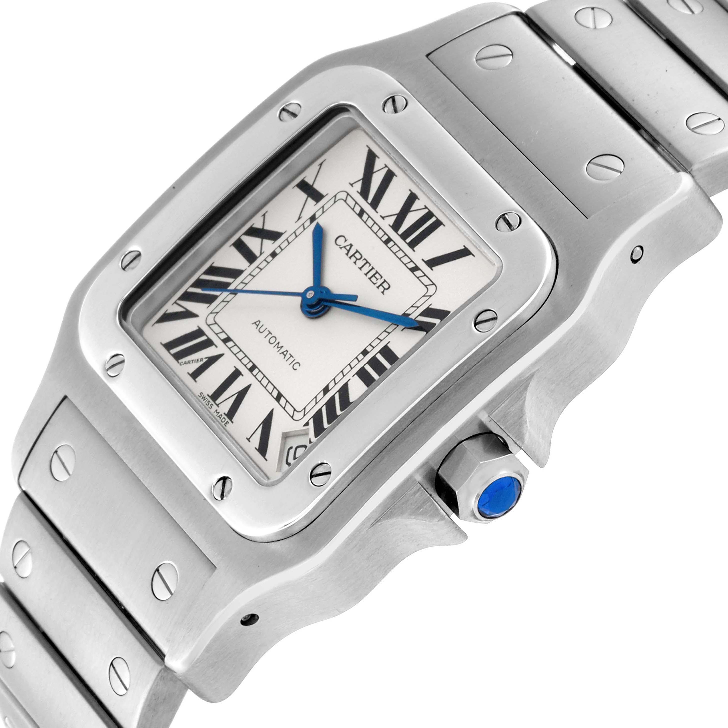 This image shows a Cartier Santos W20098D6 Men's Stainless Steel Silver Dial W20098D6 Men's Stainless Steel Silver Dial watch at a three-quarter view, detailing its face, bezel, crown, and portion of the bracelet.