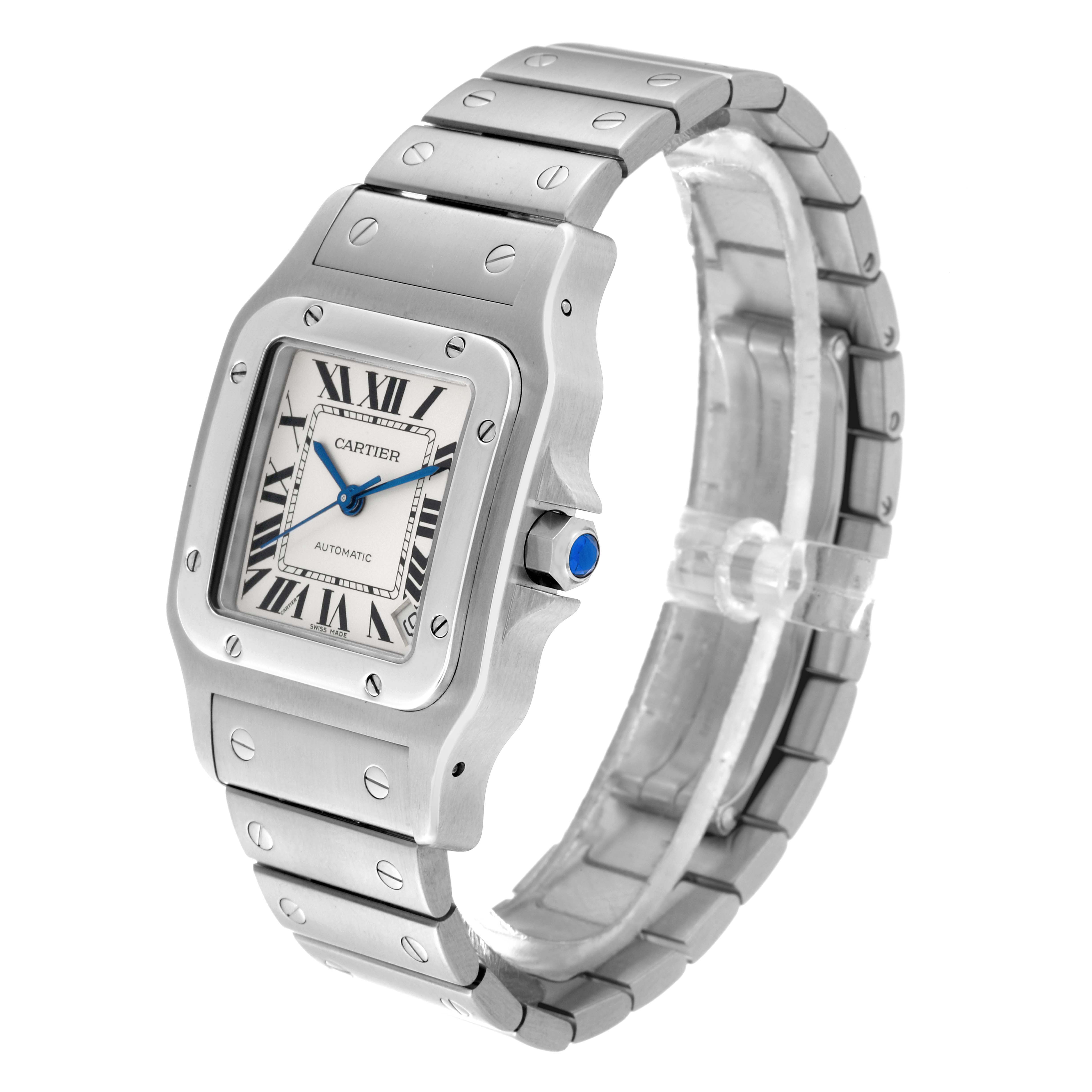 The image shows a front and right-side angle of the Cartier Santos W20098D6 Men's Stainless Steel Silver Dial W20098D6 Men's Stainless Steel Silver Dial watch, highlighting its face, crown, and bracelet.