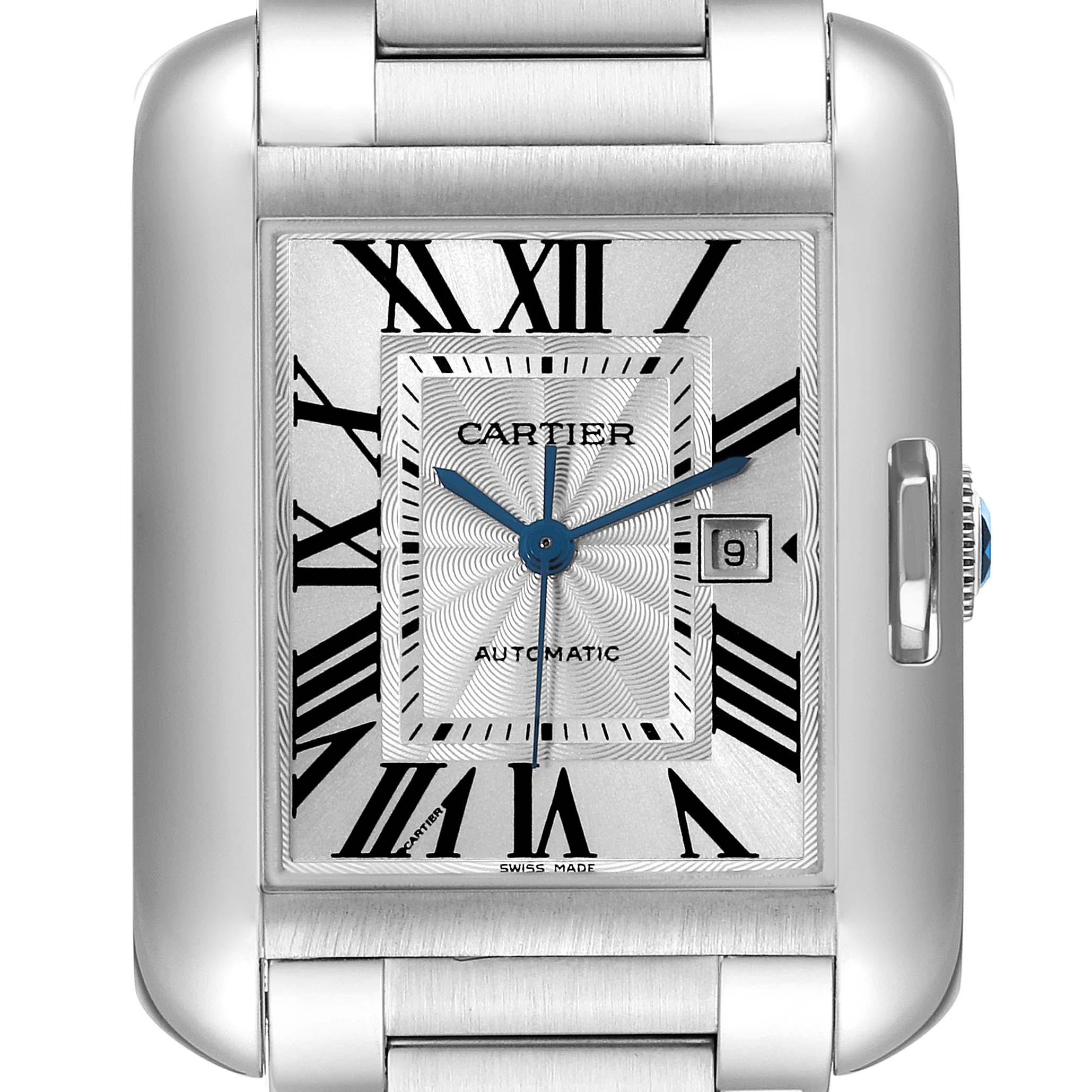 This is a close-up, front-facing view of the Cartier Tank Anglaise W5310009 Men
s Stainless Steel Silver Dial W5310009 Men
s Stainless Steel Silver Dial watch, showing the dial, hands, date, and part of the bracelet.