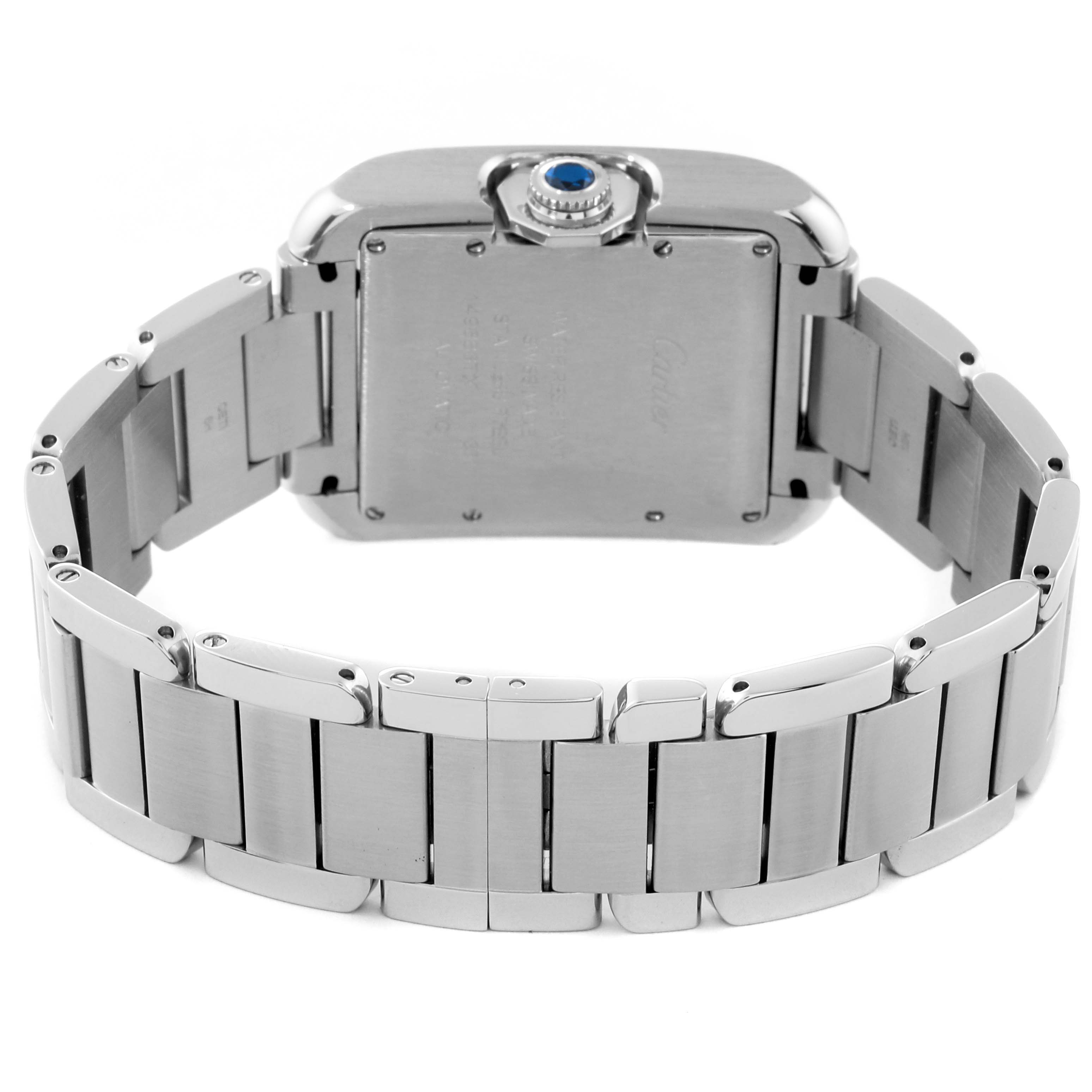 The image shows the back case and bracelet of a Cartier Tank Anglaise W5310009 Men
s Stainless Steel Silver Dial W5310009 Men
s Stainless Steel Silver Dial watch from a rear angle.