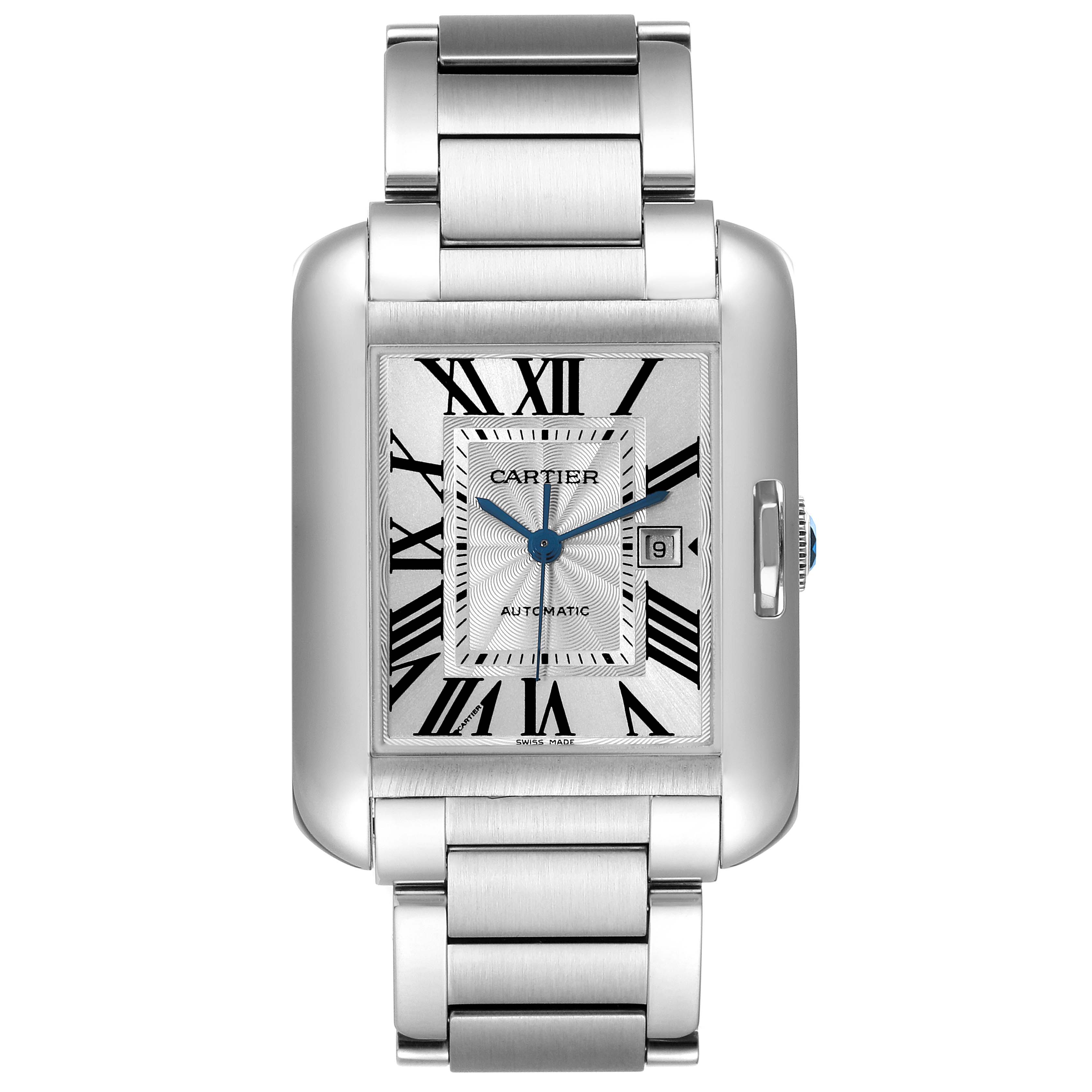 The image shows a front view of the Cartier Tank Anglaise W5310009 Men
s Stainless Steel Silver Dial W5310009 Men
s Stainless Steel Silver Dial watch, displaying its rectangular face, Roman numerals, and metal bracelet.