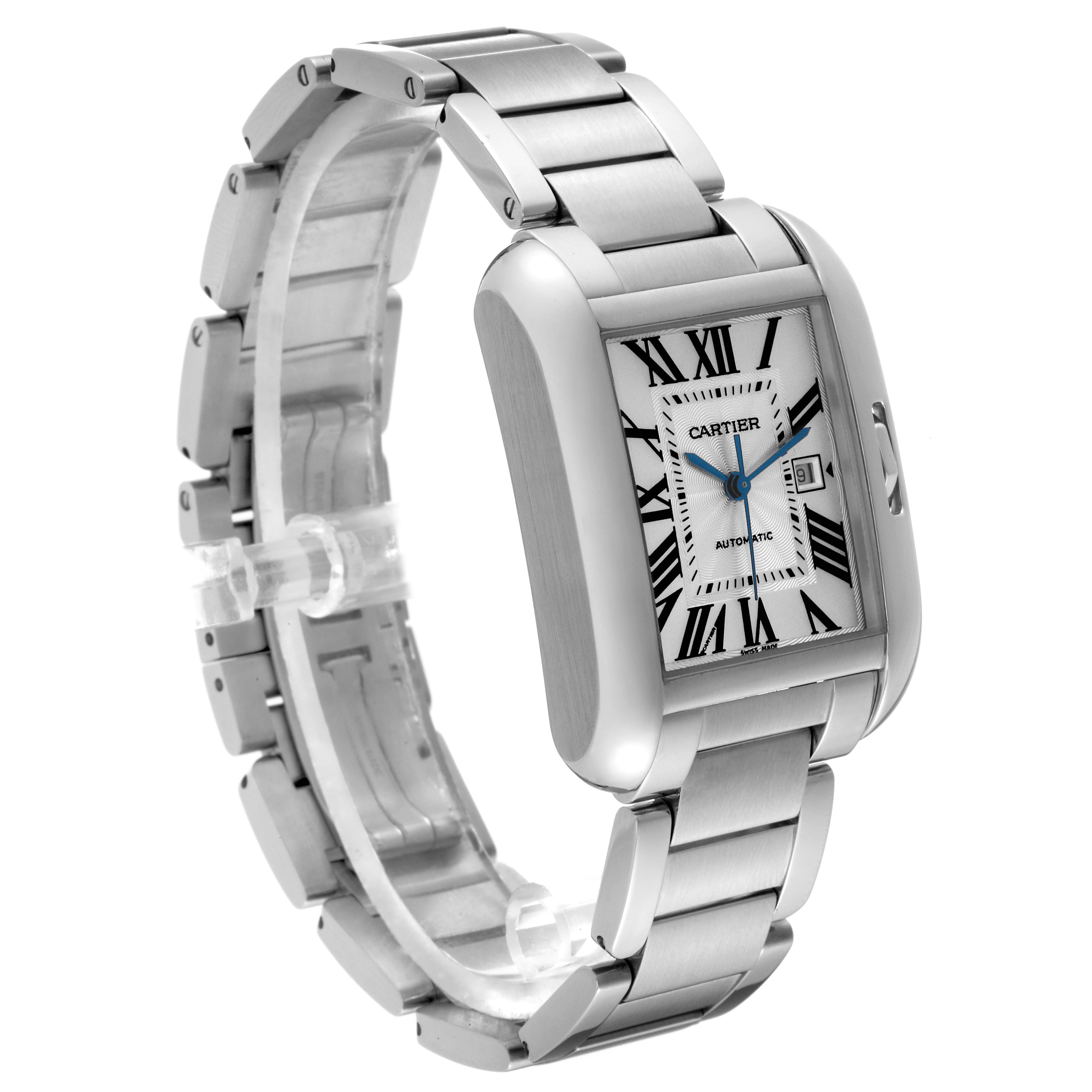 The image shows a side angle view of the Cartier Tank Anglaise W5310009 Men
s Stainless Steel Silver Dial W5310009 Men
s Stainless Steel Silver Dial watch, highlighting its bracelet and face with Roman numerals.