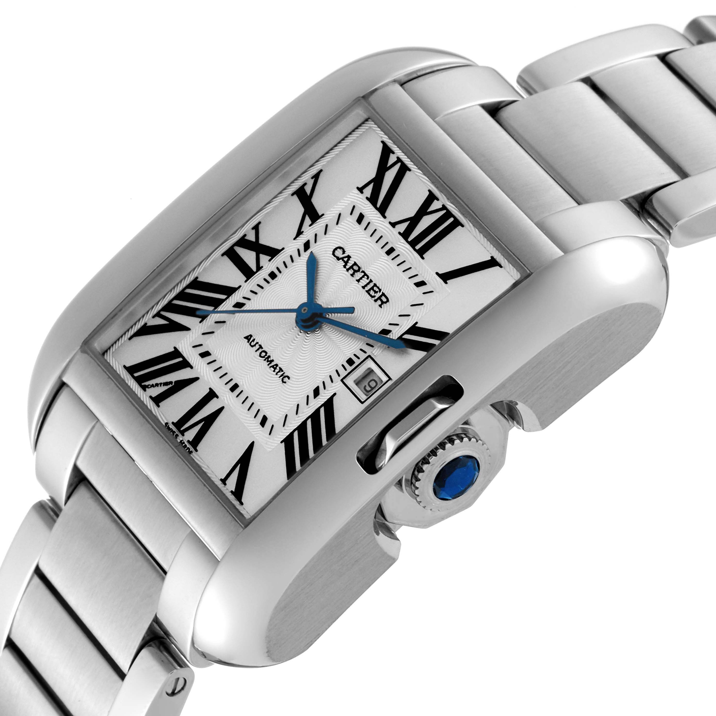 The image shows a close-up angled view of the Cartier Tank Anglaise W5310009 Men
s Stainless Steel Silver Dial W5310009 Men
s Stainless Steel Silver Dial watch, highlighting the face, crown, and part of the metal bracelet.