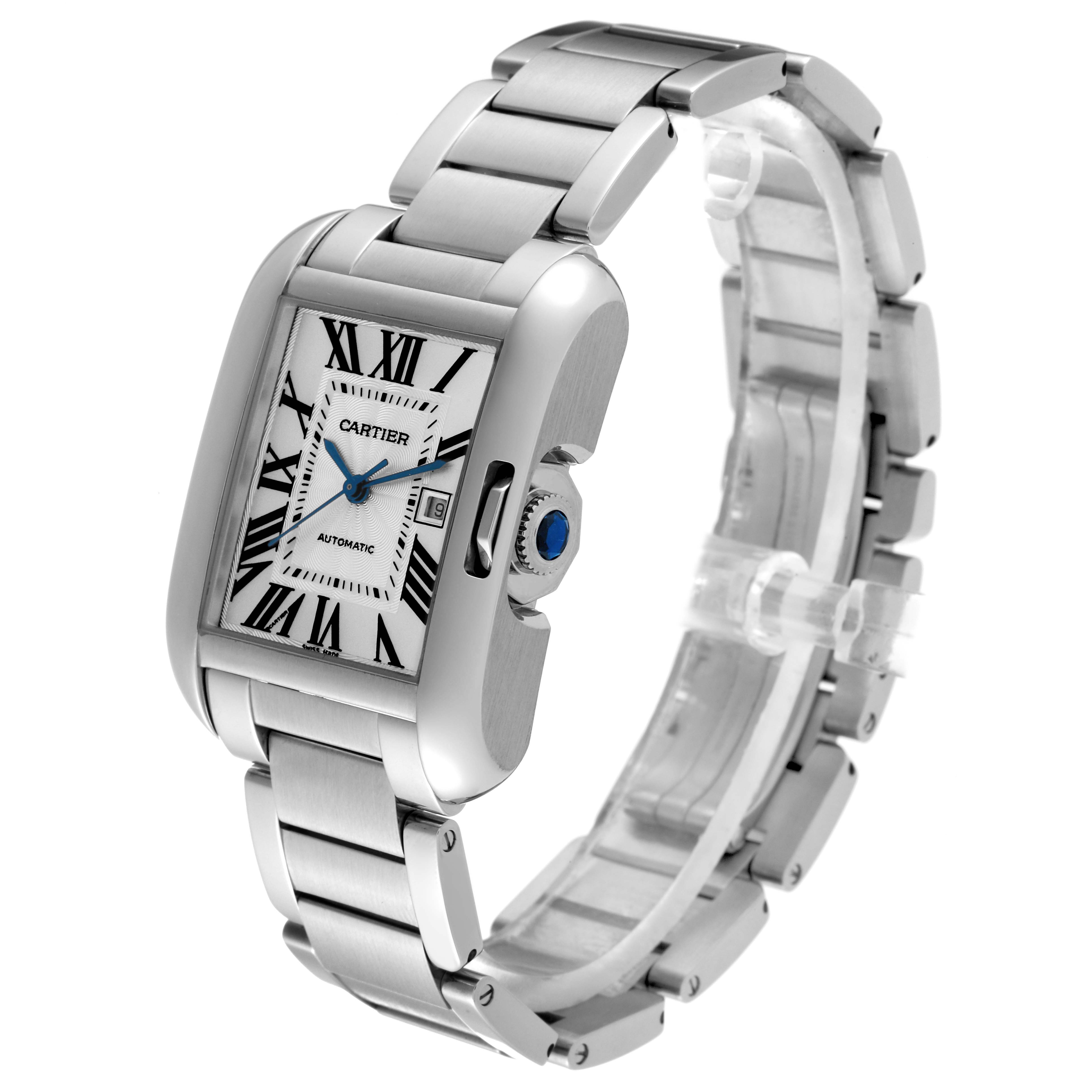 This image shows a Cartier Tank Anglaise W5310009 Men
s Stainless Steel Silver Dial W5310009 Men
s Stainless Steel Silver Dial watch at a front angle, displaying its face, bracelet, and crown.