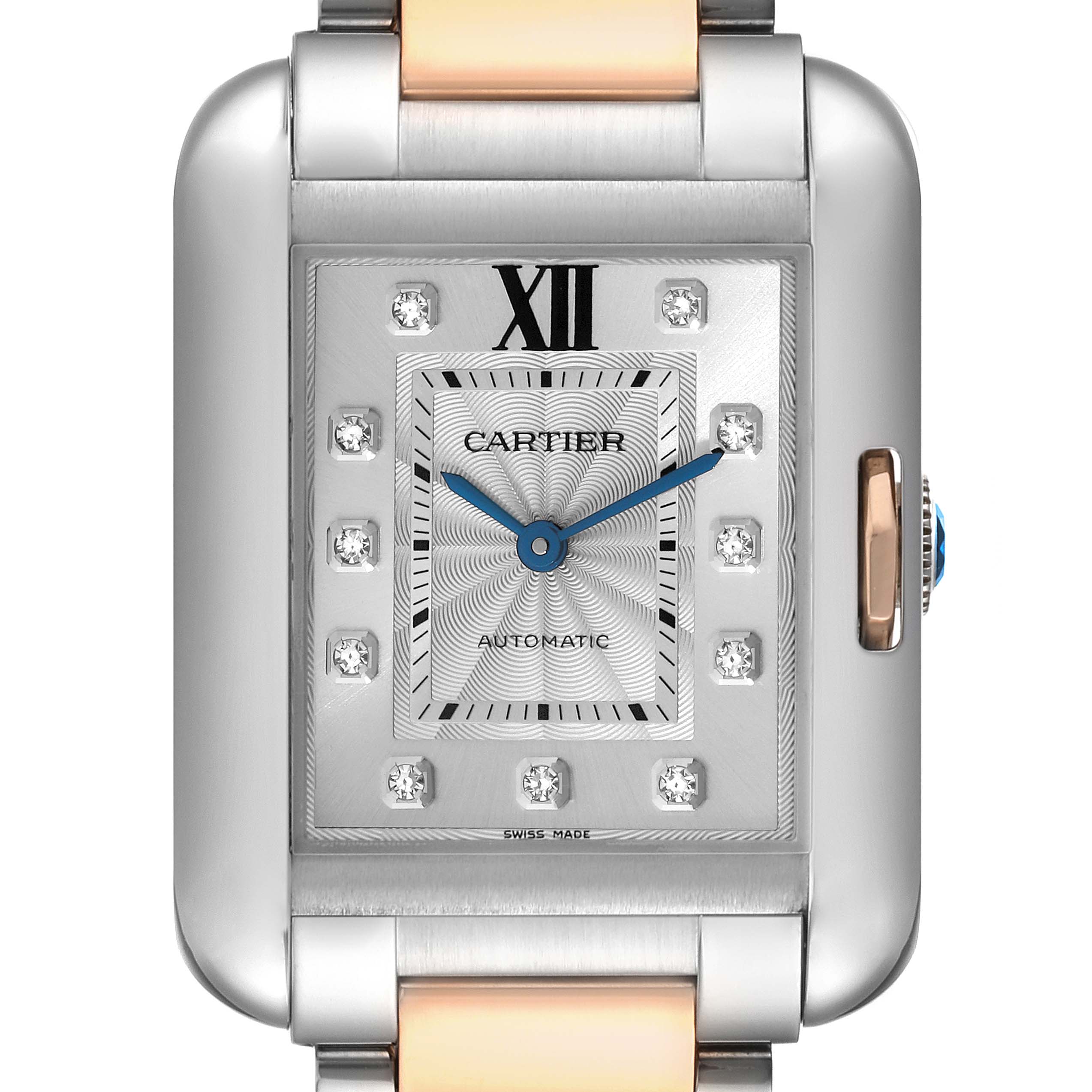 The image shows a front view of the Cartier Tank Anglaise WT100025 Women's Steel and Gold (two tone) Silver Dial WT100025 Women's Steel and Gold (two tone) Silver Dial watch, highlighting its dial, case, and part of its bracelet.