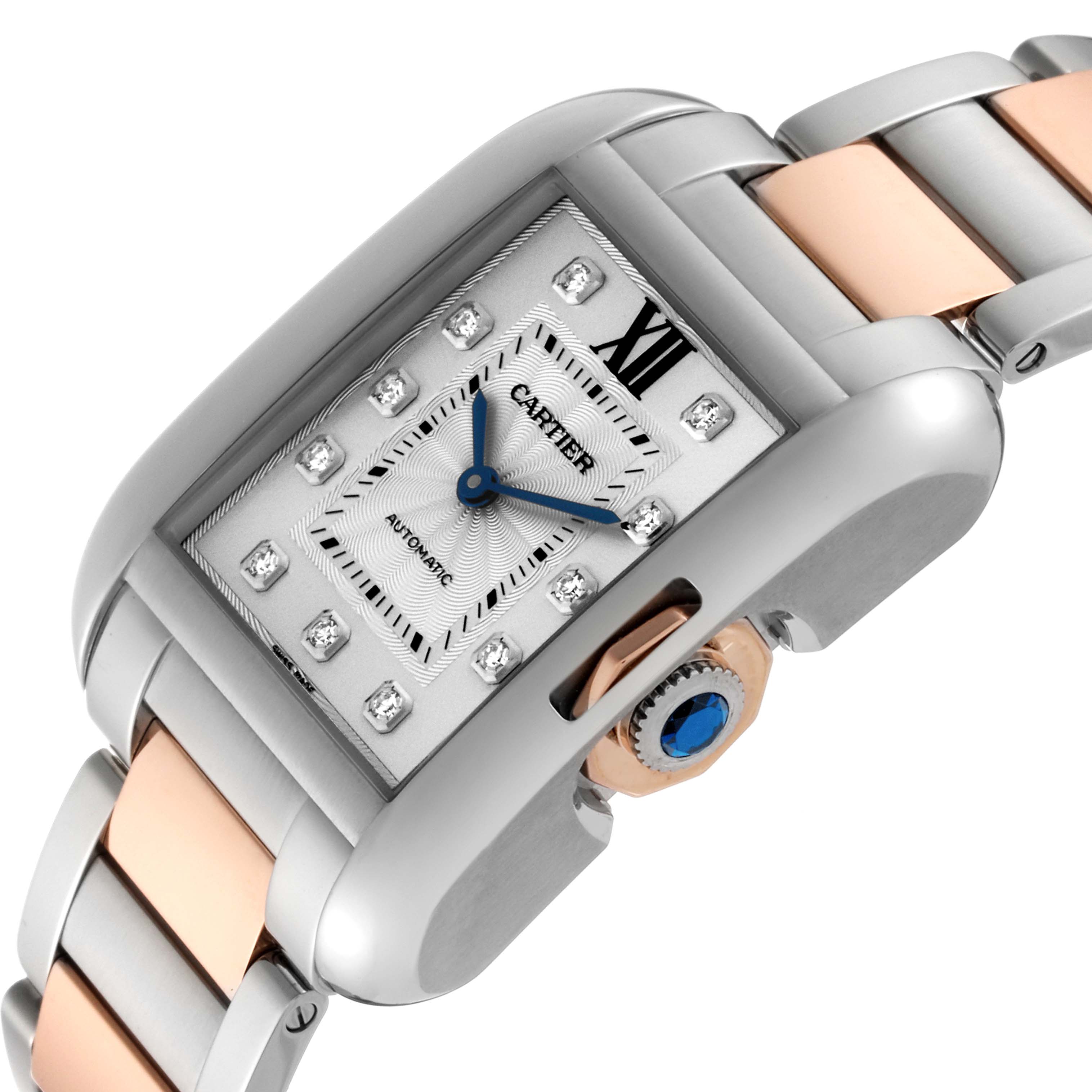 The image shows a close-up, angled view of the dial, bezel, crown, and part of the bracelet of a Cartier Tank Anglaise WT100025 Women's Steel and Gold (two tone) Silver Dial WT100025 Women's Steel and Gold (two tone) Silver Dial watch.