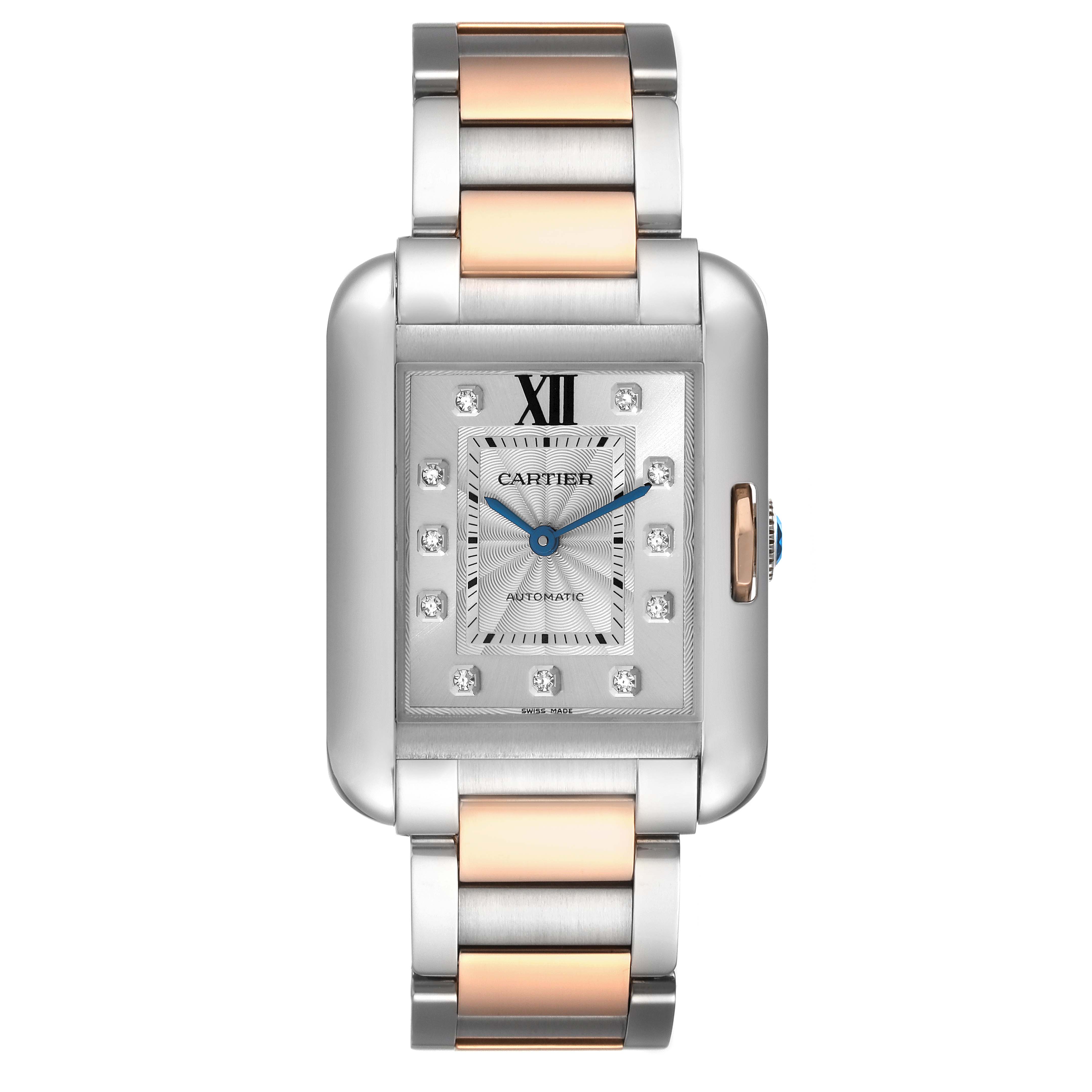 This image shows a front view of the Cartier Tank Anglaise WT100025 Women's Steel and Gold (two tone) Silver Dial WT100025 Women's Steel and Gold (two tone) Silver Dial watch, highlighting its rectangular face, metal band, and blue hands.
