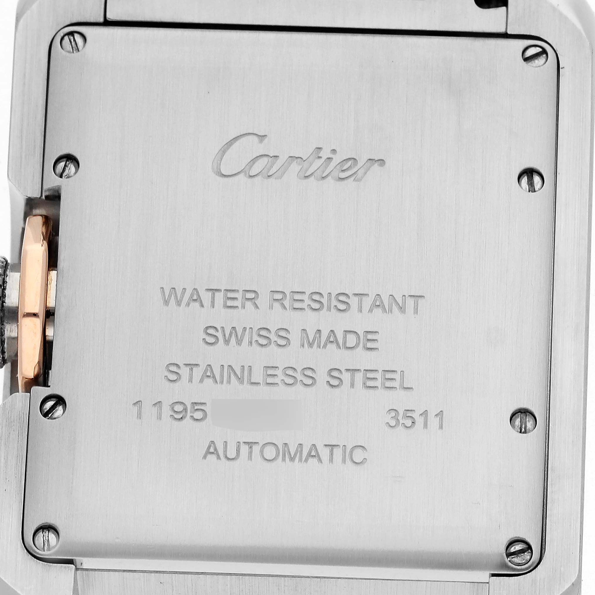 This is the back view of the Cartier Tank Anglaise WT100025 Women's Steel and Gold (two tone) Silver Dial WT100025 Women's Steel and Gold (two tone) Silver Dial watch, showcasing the inscriptions and part of the crown.