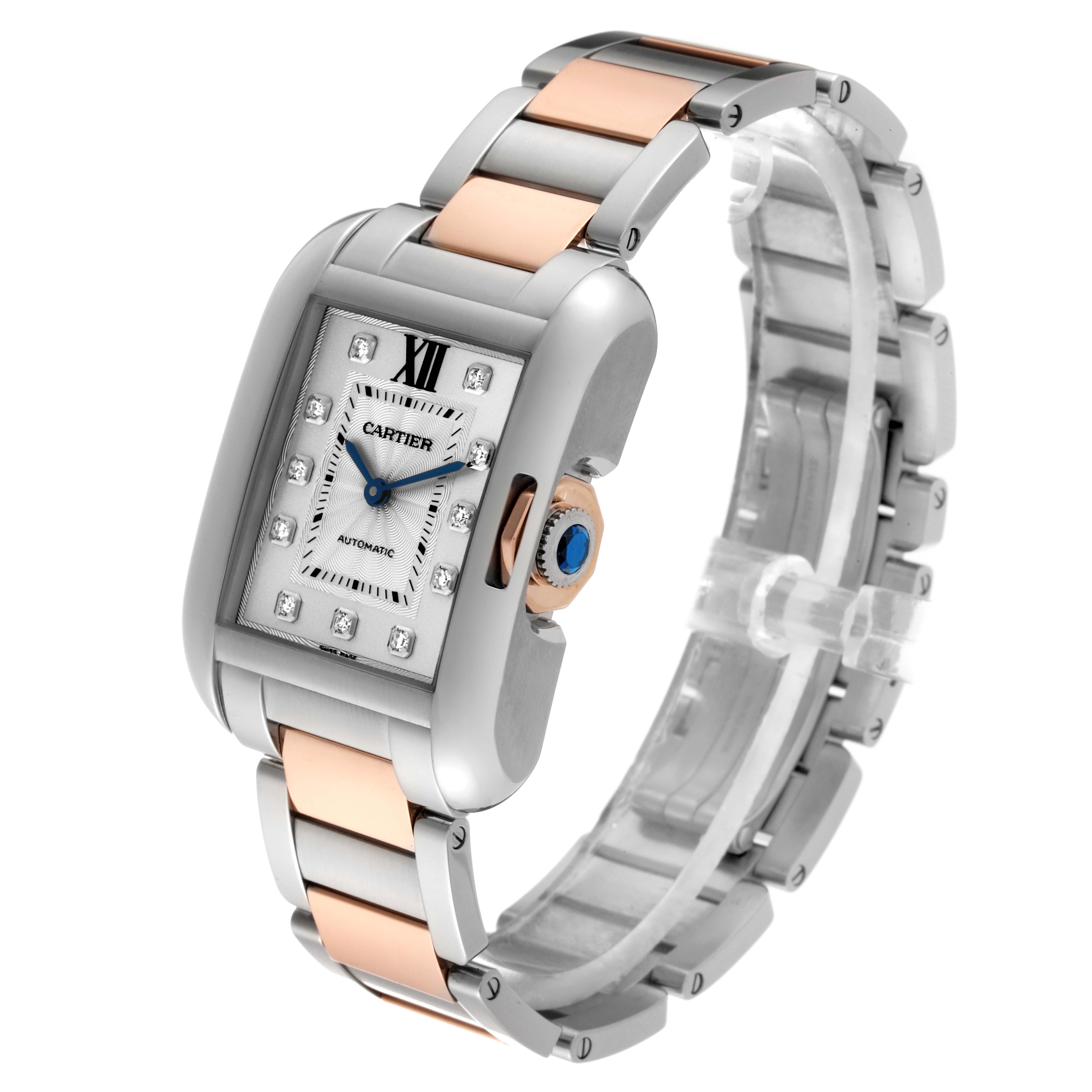 The image shows a Tank Anglaise watch by Cartier, at a three-quarter angle, displaying the dial, case, and bracelet.