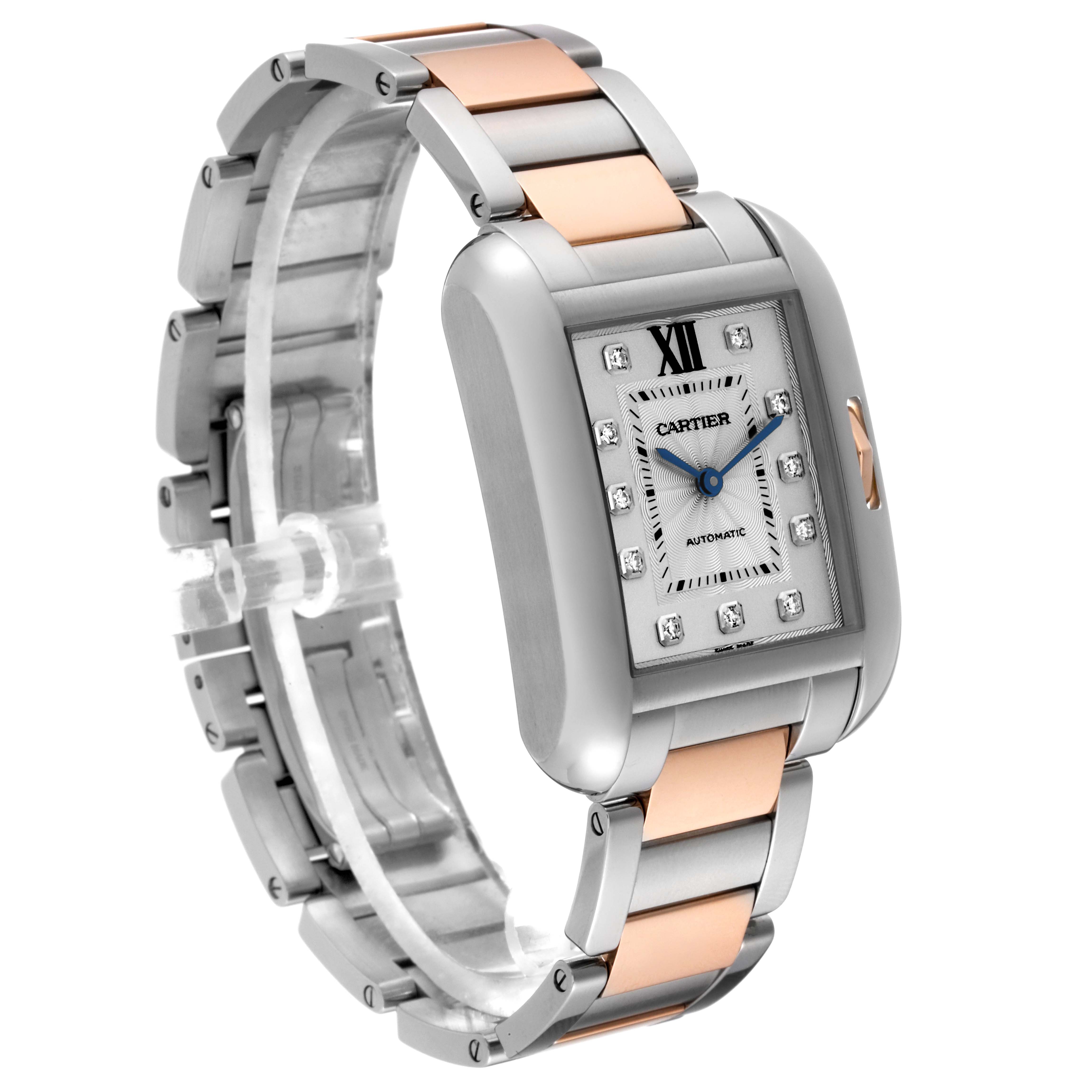 The image shows a Cartier Tank Anglaise WT100025 Women's Steel and Gold (two tone) Silver Dial WT100025 Women's Steel and Gold (two tone) Silver Dial watch at a slight angle showcasing its dial, bracelet, and side profile.