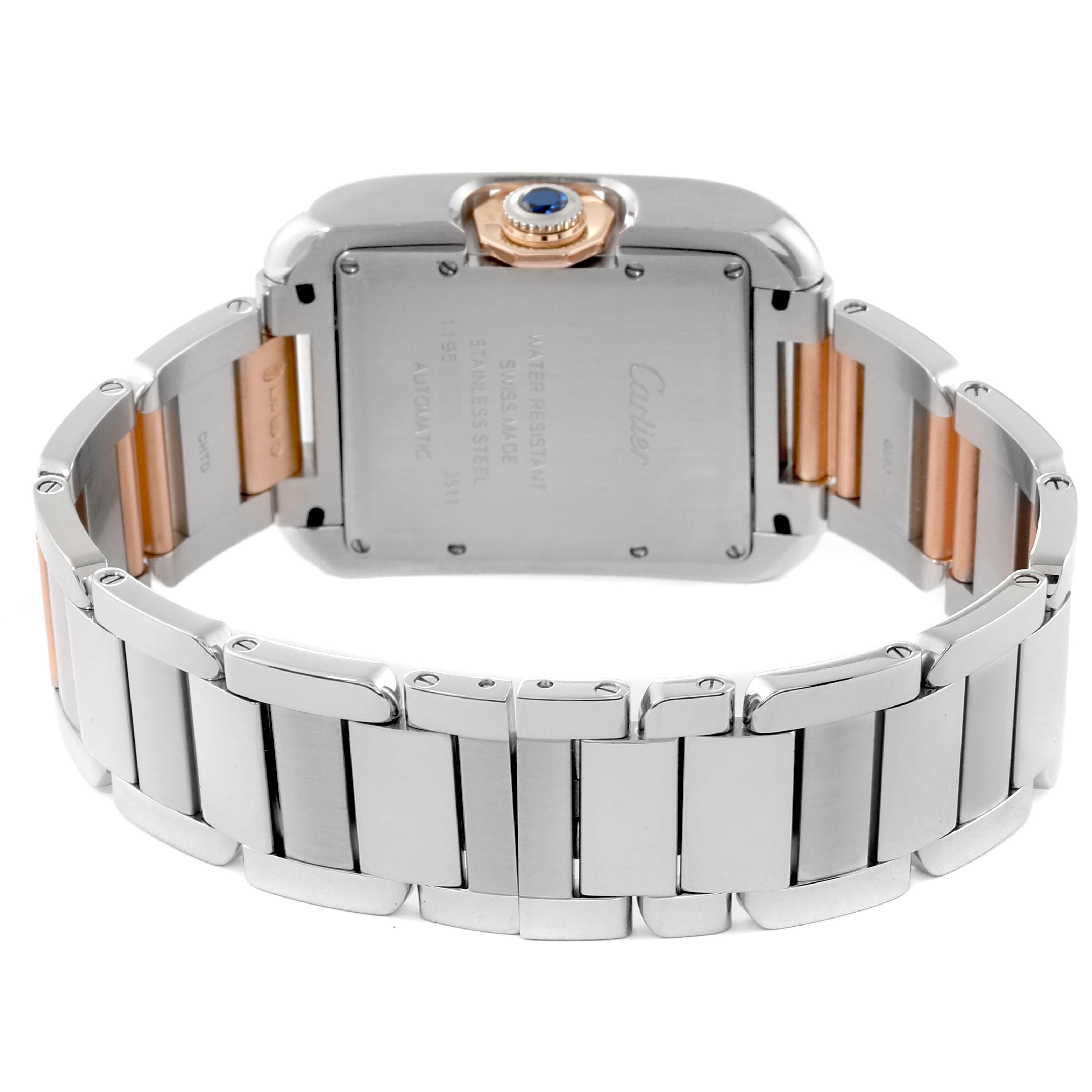 This image shows the back of a Cartier Tank Anglaise WT100025 Women's Steel and Gold (two tone) Silver Dial WT100025 Women's Steel and Gold (two tone) Silver Dial watch, highlighting its case back and bracelet.