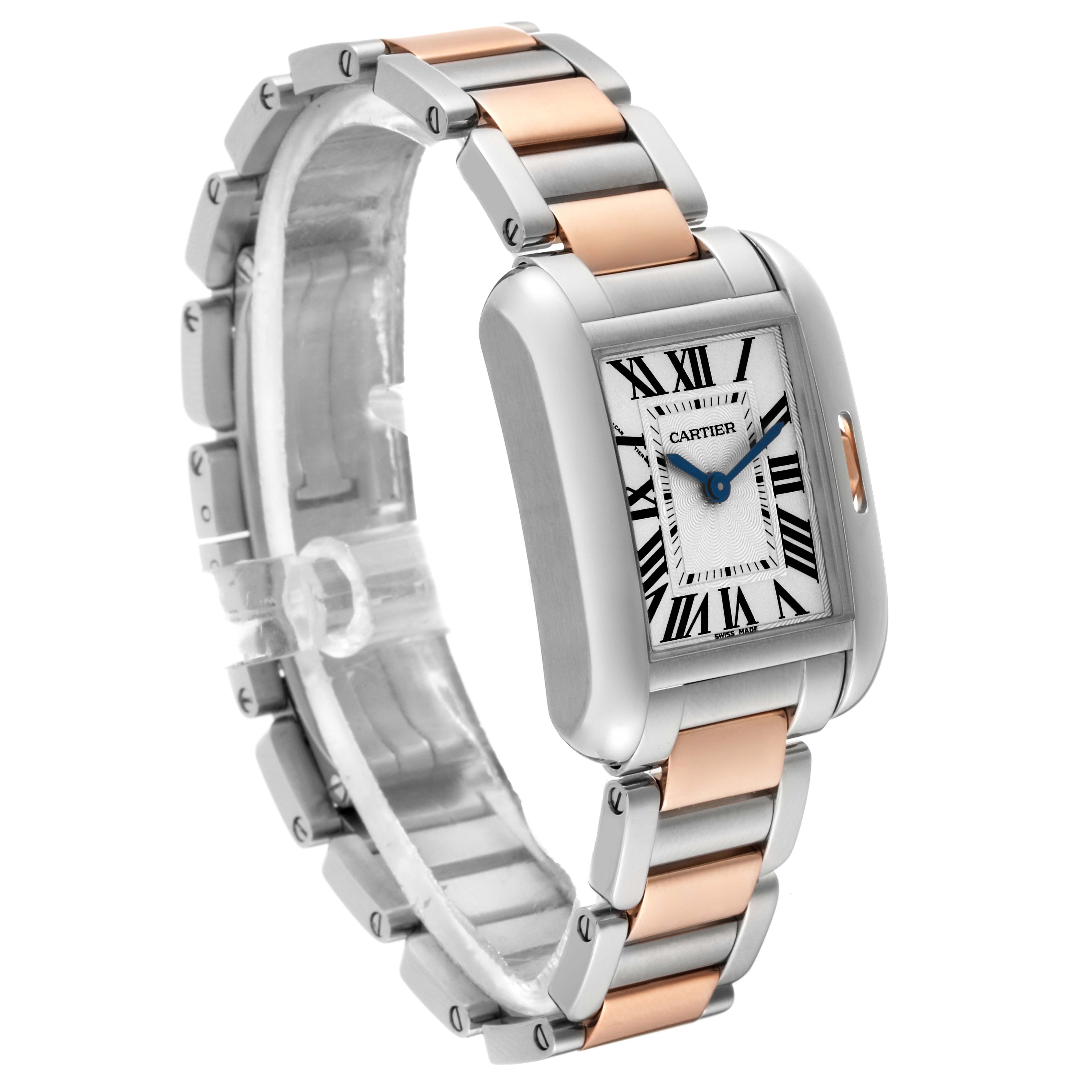 This image shows a Cartier Tank Anglaise W5310019 Women
s Steel and Gold (two tone) Silver Dial W5310019 Women
s Steel and Gold (two tone) Silver Dial watch at a slight angle, highlighting its two-tone metal bracelet and rectangular dial with Roman numerals.