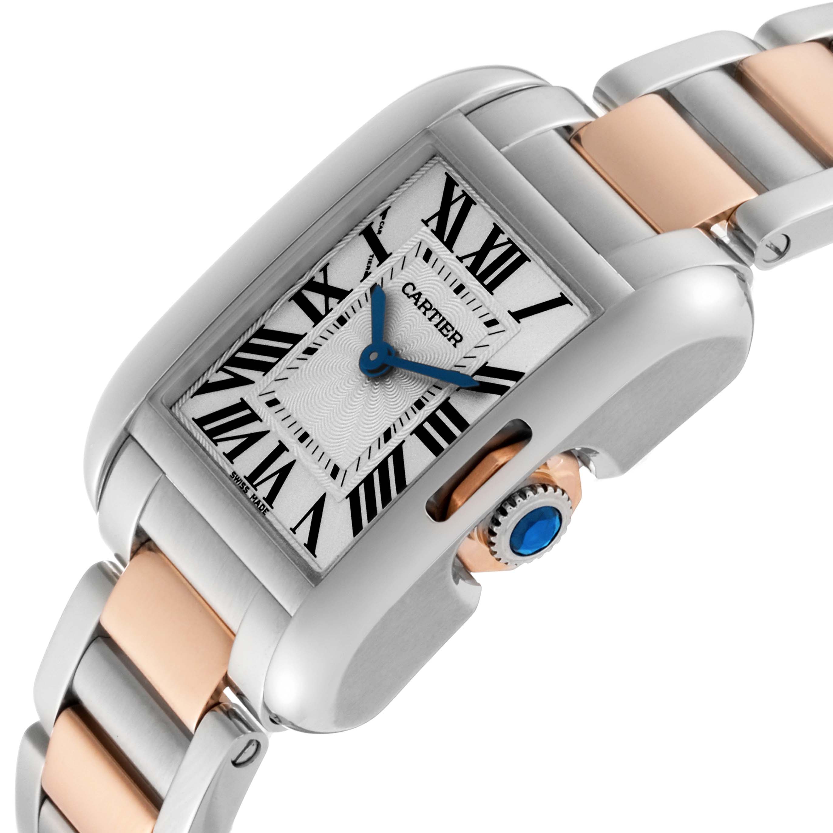 The image shows the Tank Anglaise watch by Cartier from an angled side view, highlighting its face, crown, and two-tone bracelet.
