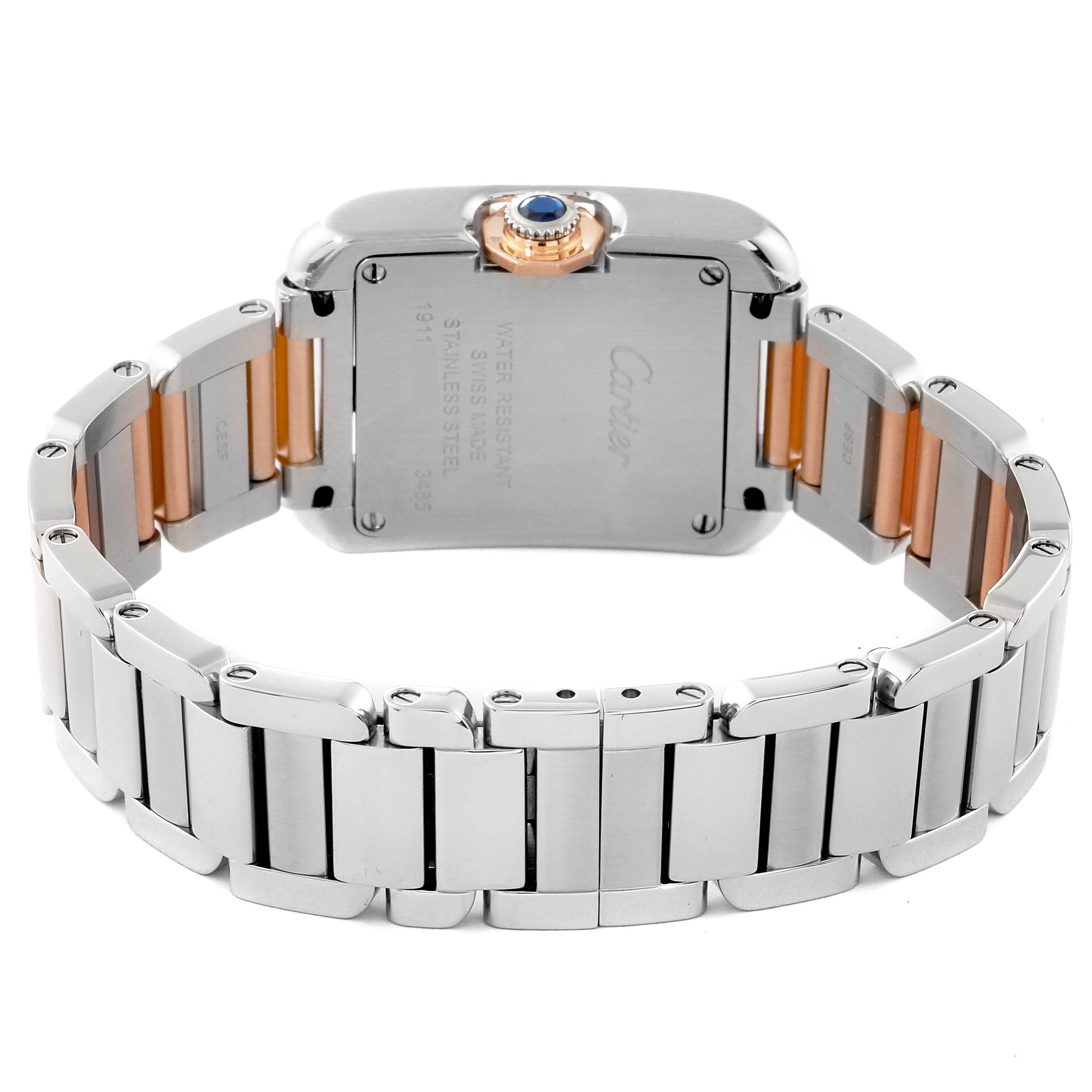 This image shows the back case and bracelet of the Cartier Tank Anglaise W5310019 Women
s Steel and Gold (two tone) Silver Dial W5310019 Women
s Steel and Gold (two tone) Silver Dial watch from a rear angle.