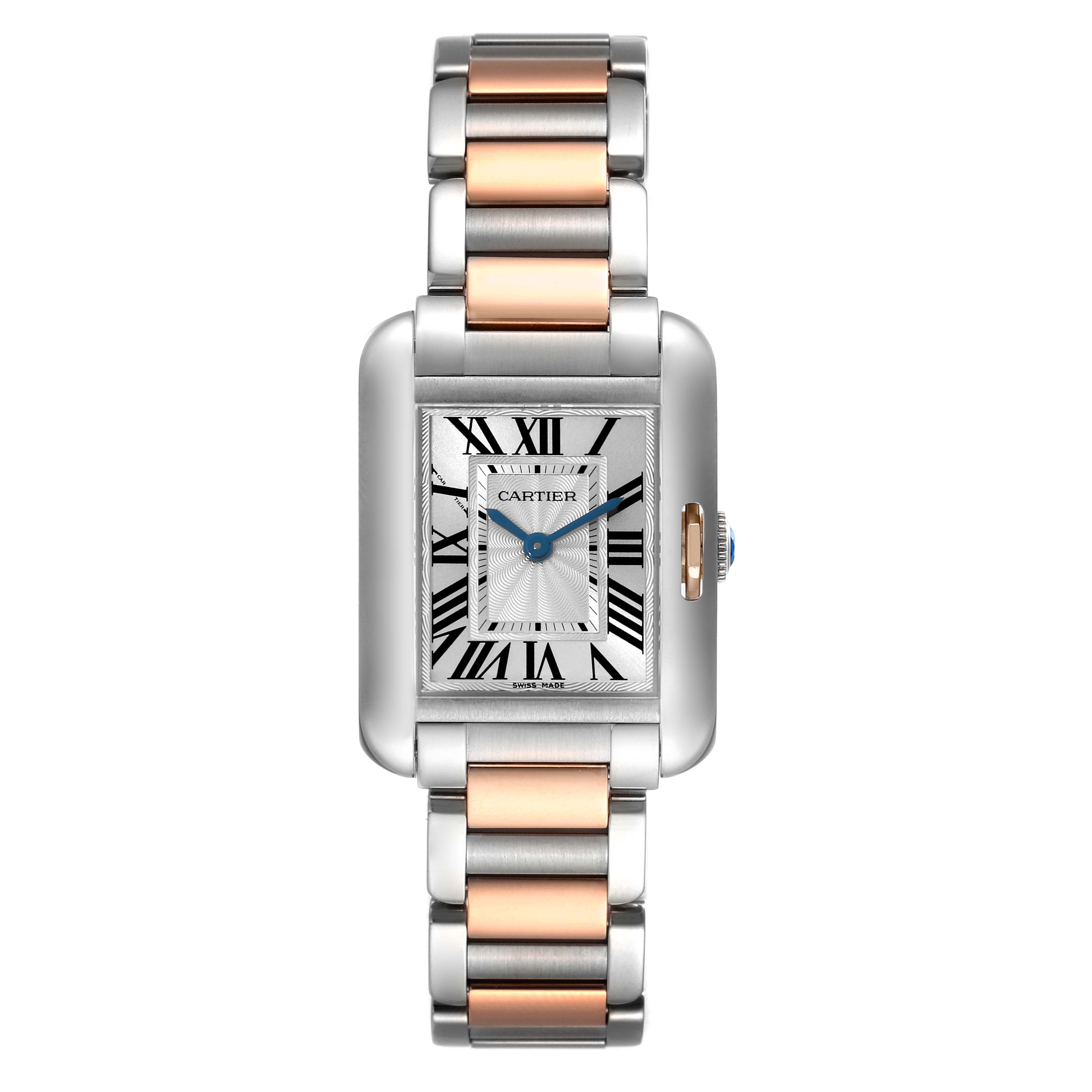 This image shows a frontal view of the Cartier Tank Anglaise W5310019 Women
s Steel and Gold (two tone) Silver Dial W5310019 Women
s Steel and Gold (two tone) Silver Dial watch, featuring its dual-tone bracelet and Roman numeral dial.