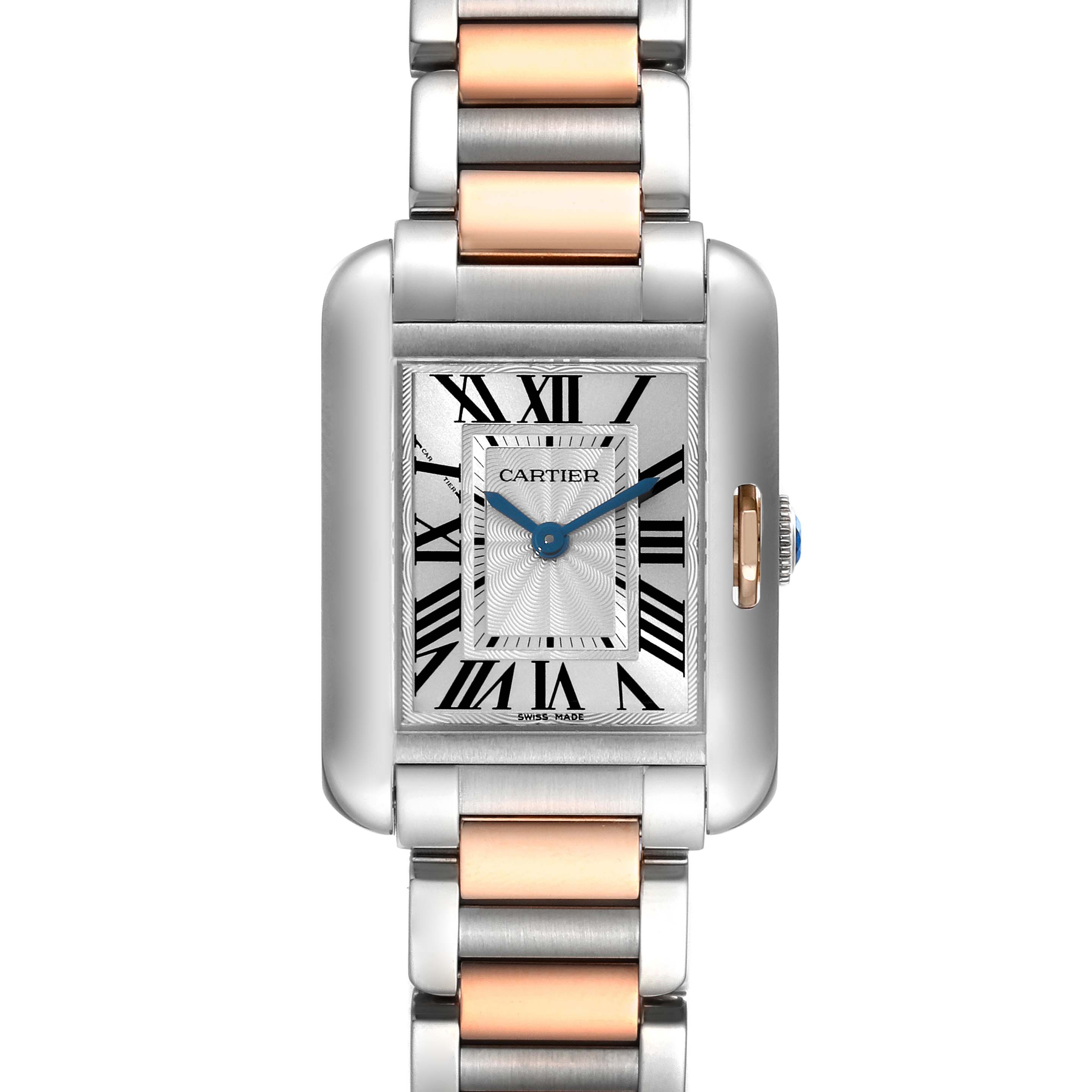 The image shows a front angle of the Cartier Tank Anglaise W5310019 Women
s Steel and Gold (two tone) Silver Dial W5310019 Women
s Steel and Gold (two tone) Silver Dial watch, highlighting its silver and gold two-tone bracelet and rectangular face.