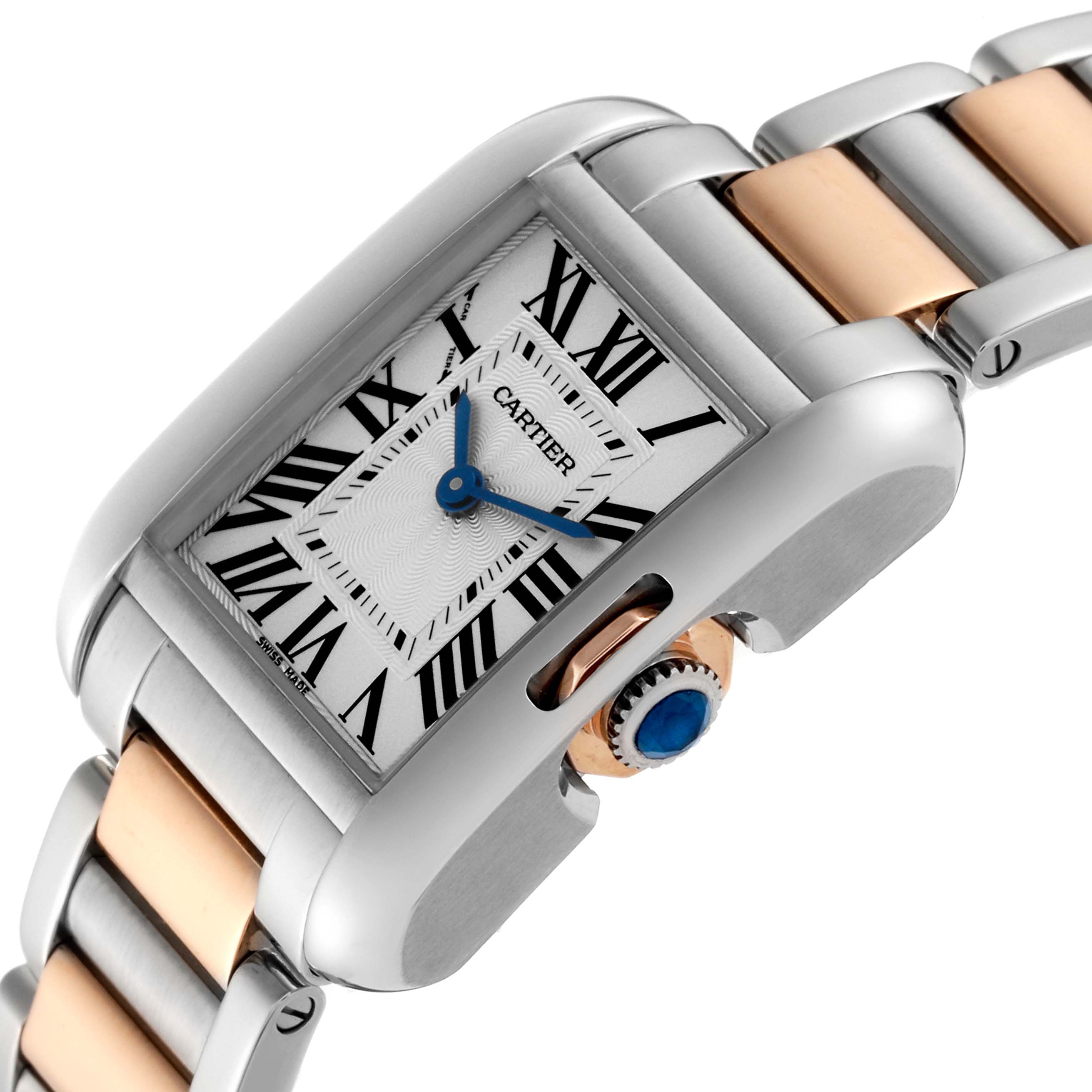 This image shows a close-up, angled view of a Cartier Tank Anglaise 60888 Women
s Steel and Gold (two tone) Silver Dial 60888 Women
s Steel and Gold (two tone) Silver Dial watch, highlighting the dial, crown, and part of the two-tone bracelet.