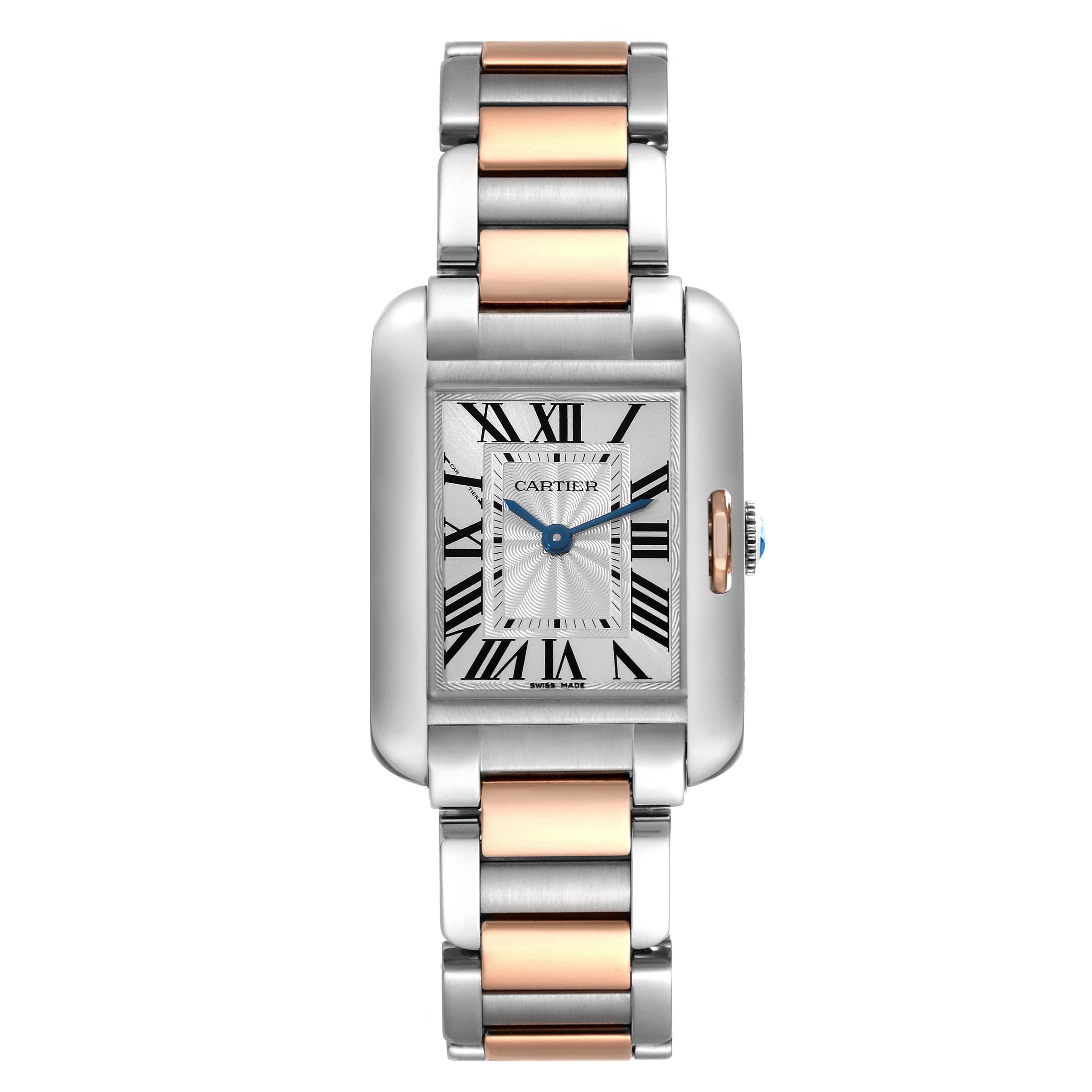 The Cartier Tank Anglaise 60888 Women
s Steel and Gold (two tone) Silver Dial 60888 Women
s Steel and Gold (two tone) Silver Dial watch is shown from a front view, highlighting its rectangular face and two-tone bracelet.