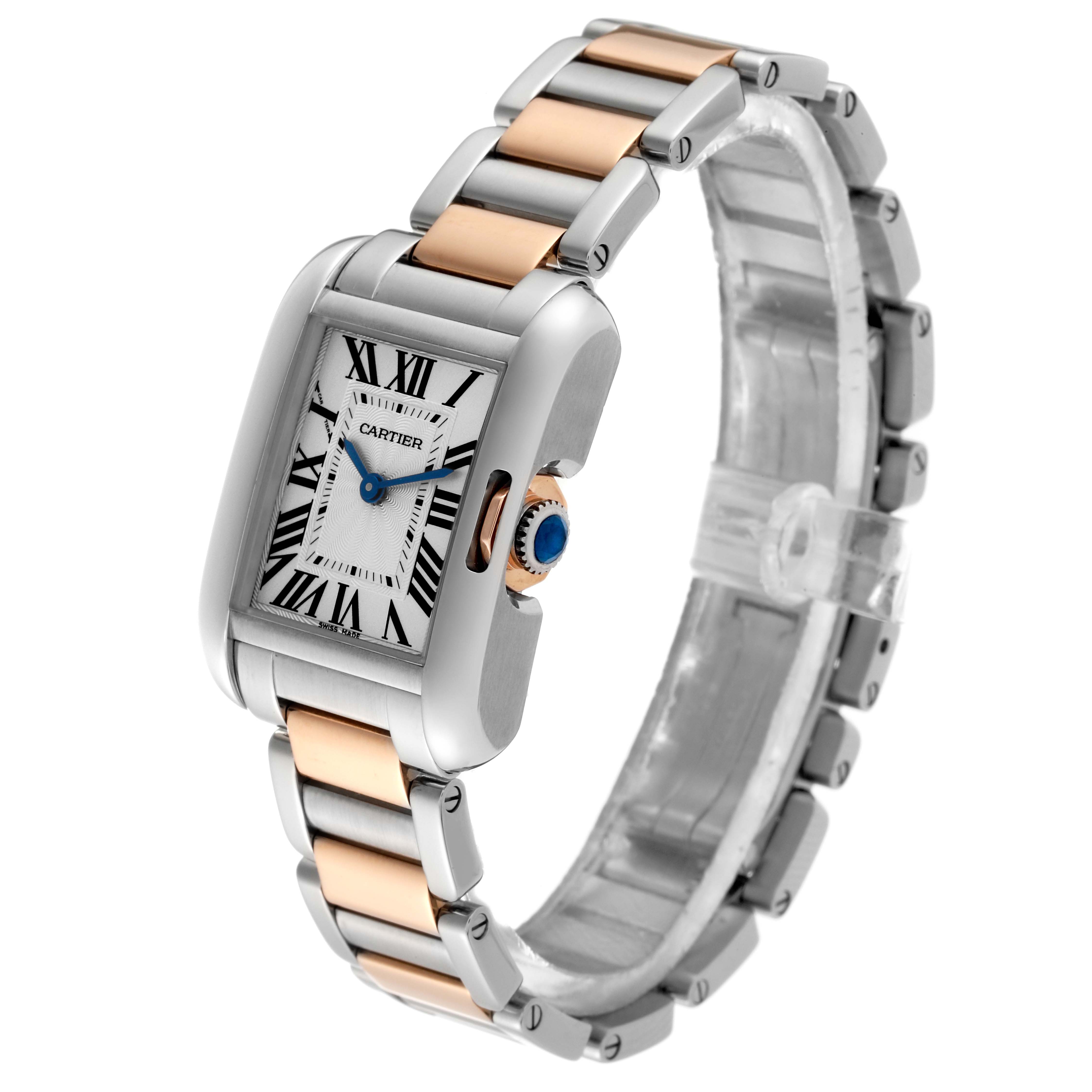 The Cartier Tank Anglaise 60888 Women
s Steel and Gold (two tone) Silver Dial 60888 Women
s Steel and Gold (two tone) Silver Dial watch is shown at a slight angle, highlighting the bracelet and face with Roman numerals and blue hands.