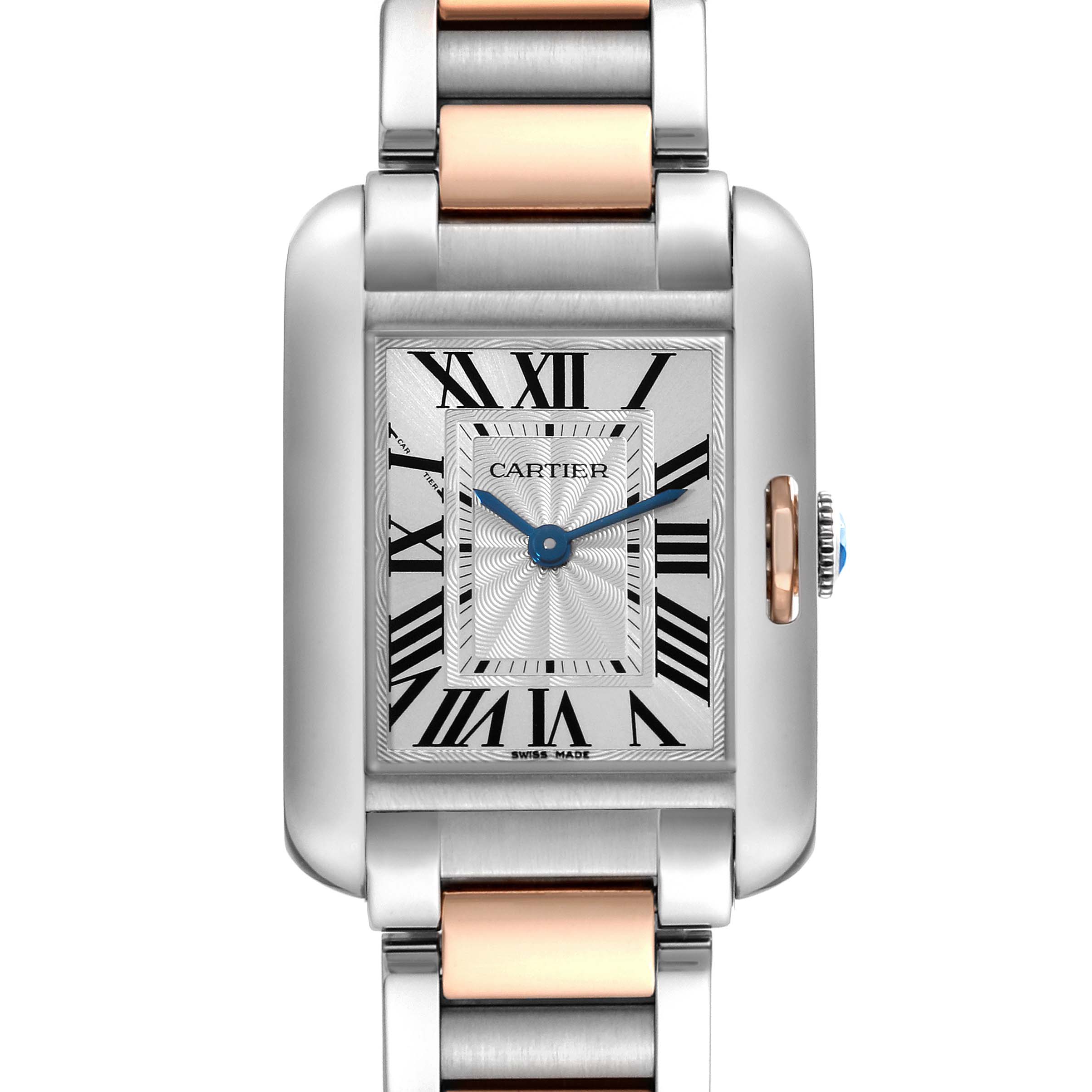 The image shows a close-up of the dial and part of the bracelet of the Cartier Tank Anglaise 60888 Women
s Steel and Gold (two tone) Silver Dial 60888 Women
s Steel and Gold (two tone) Silver Dial watch.