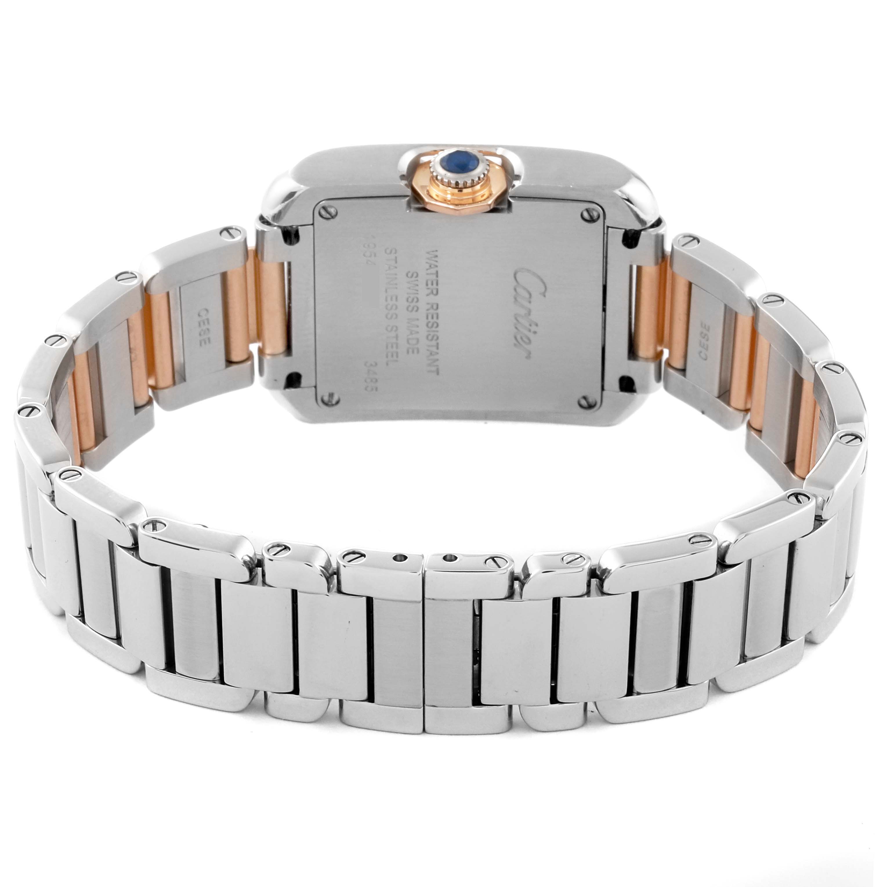 This image shows the back view of a Cartier Tank Anglaise 60888 Women
s Steel and Gold (two tone) Silver Dial 60888 Women
s Steel and Gold (two tone) Silver Dial watch, displaying its bracelet and caseback.