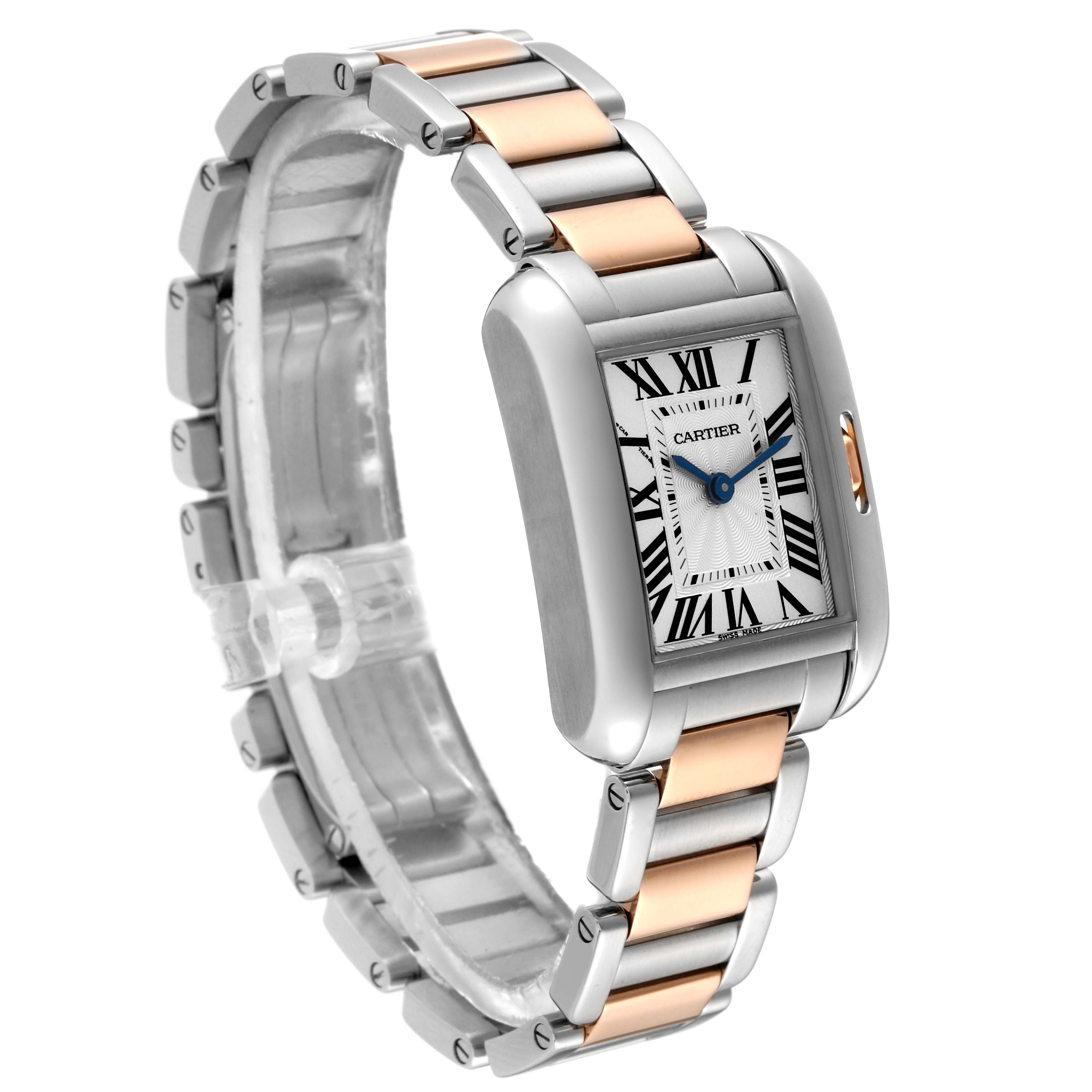 The image shows a three-quarter view of the Cartier Tank Anglaise 60888 Women
s Steel and Gold (two tone) Silver Dial 60888 Women
s Steel and Gold (two tone) Silver Dial watch, highlighting its face, crown, and two-tone metal bracelet.