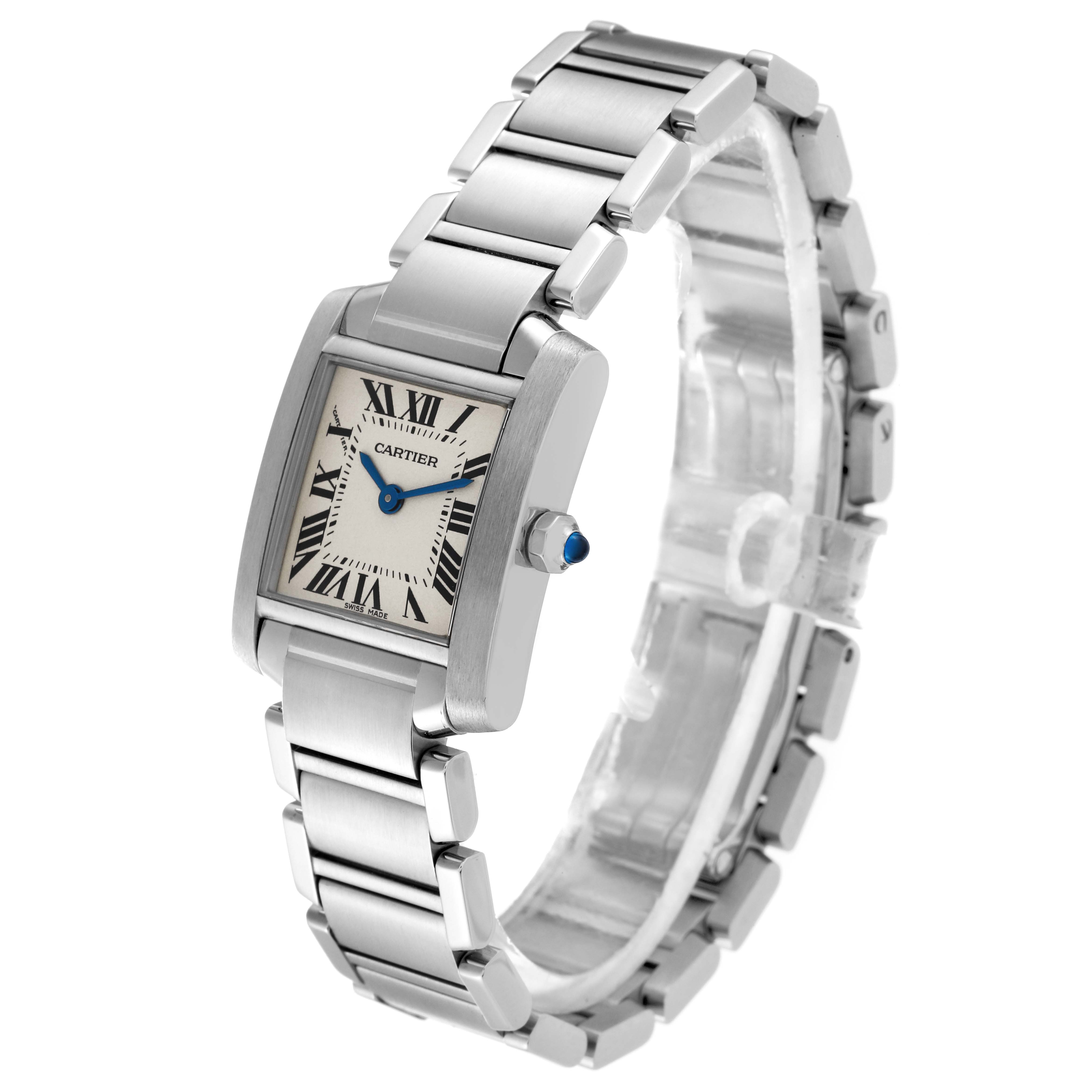 The image shows a Cartier Tank Française watch at a three-quarter angle, displaying the face, bezel, crown, and metal bracelet.