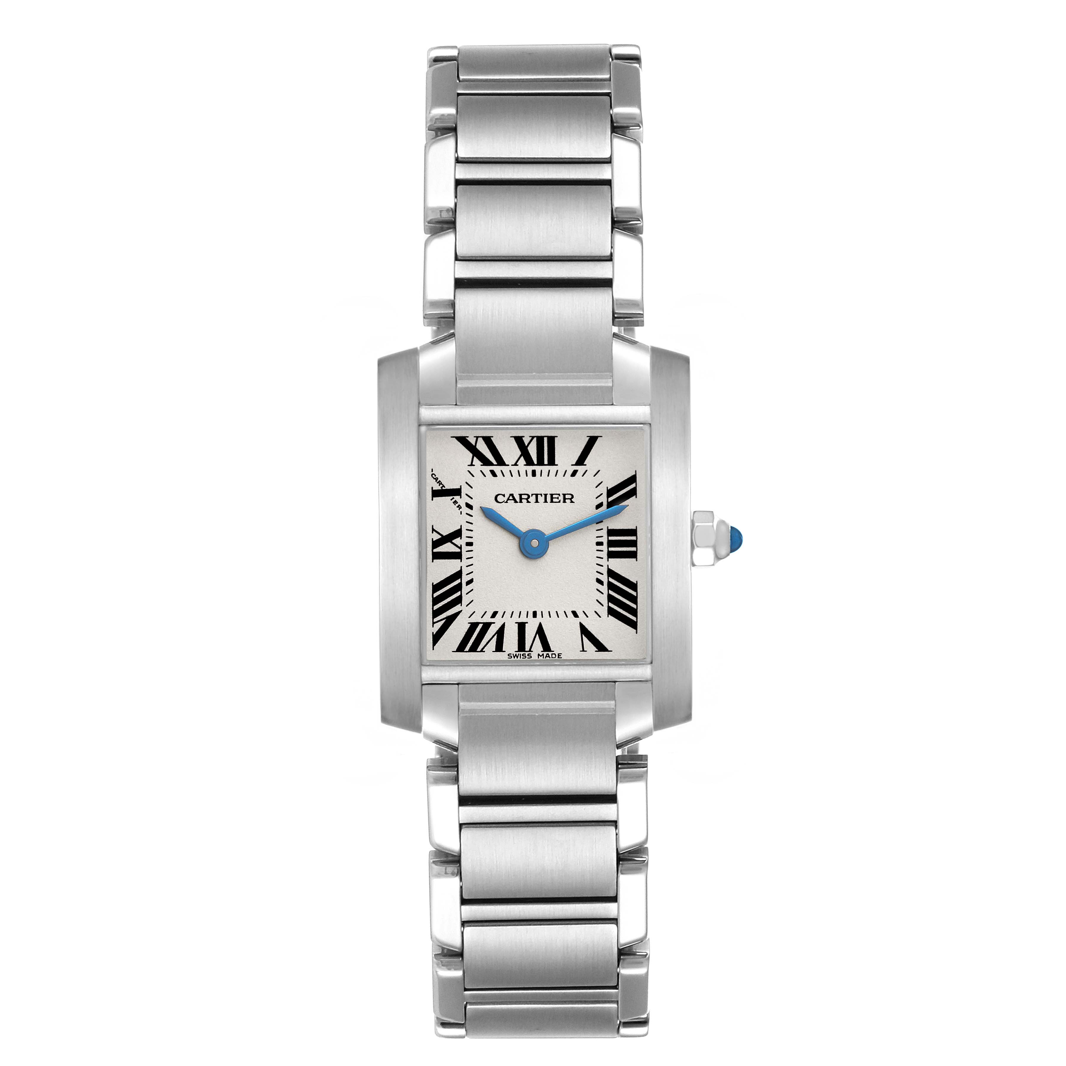 The image shows a front view of the Cartier Tank Francaise W51008Q3 Women's Stainless Steel Silver Dial W51008Q3 Women's Stainless Steel Silver Dial watch, displaying its face, bracelet, and crown.