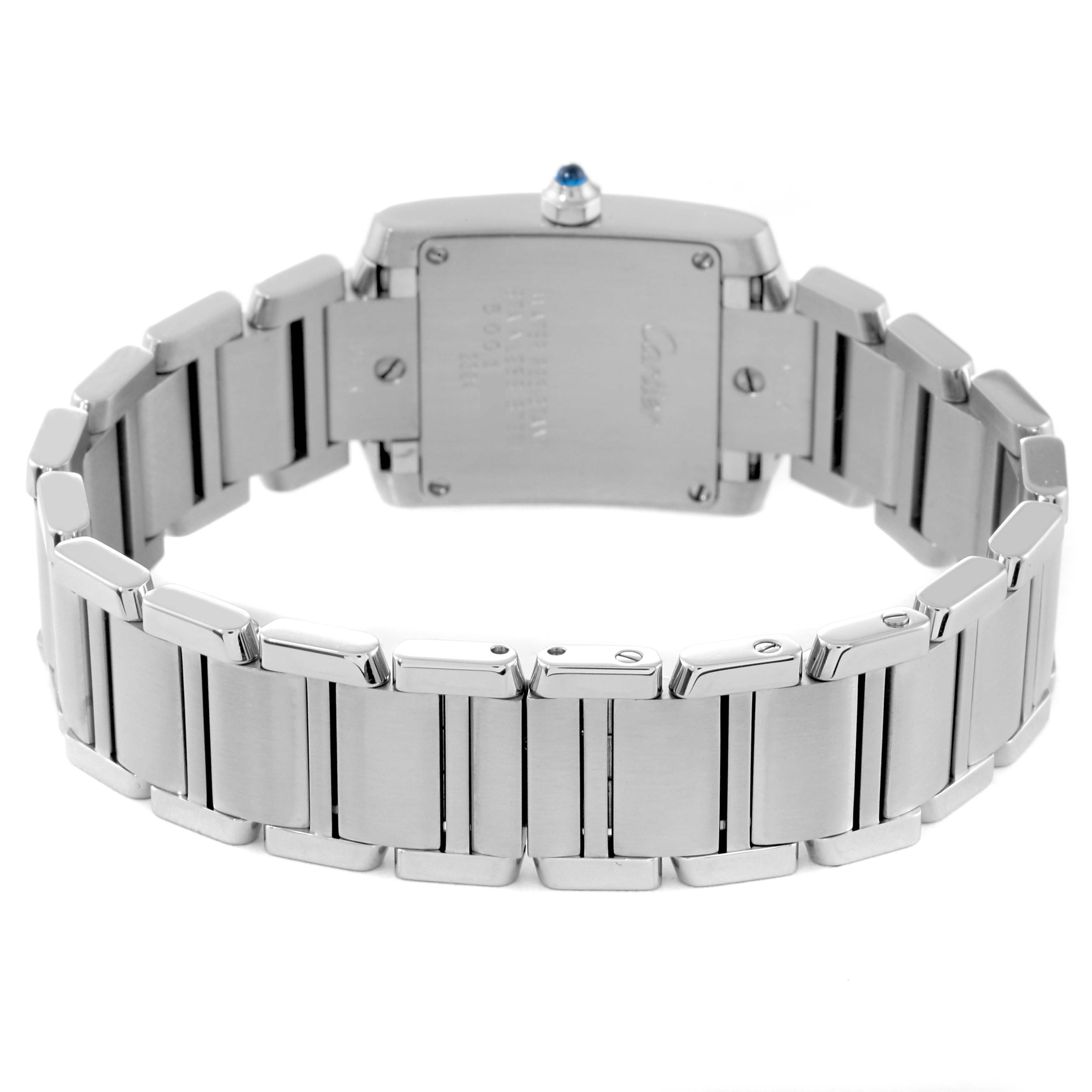 The image shows the back view of a Cartier Tank Francaise W51008Q3 Women's Stainless Steel Silver Dial W51008Q3 Women's Stainless Steel Silver Dial watch, focusing on its bracelet and case back.