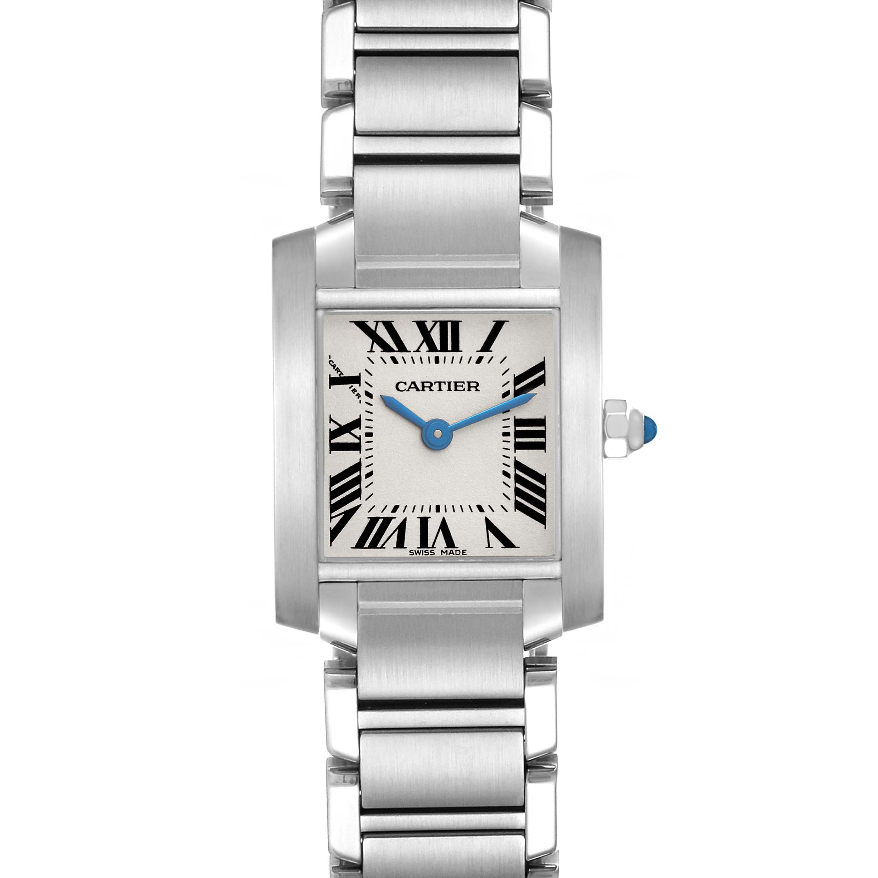 The Cartier Tank Francaise W51008Q3 Women's Stainless Steel Silver Dial W51008Q3 Women's Stainless Steel Silver Dial watch is shown from a front angle, displaying its rectangular face, Roman numerals, and stainless steel bracelet.