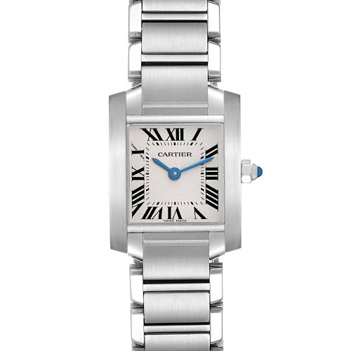 The image shows a frontal view of the Cartier Tank Francaise watch, highlighting its face, Roman numerals, and metallic bracelet.