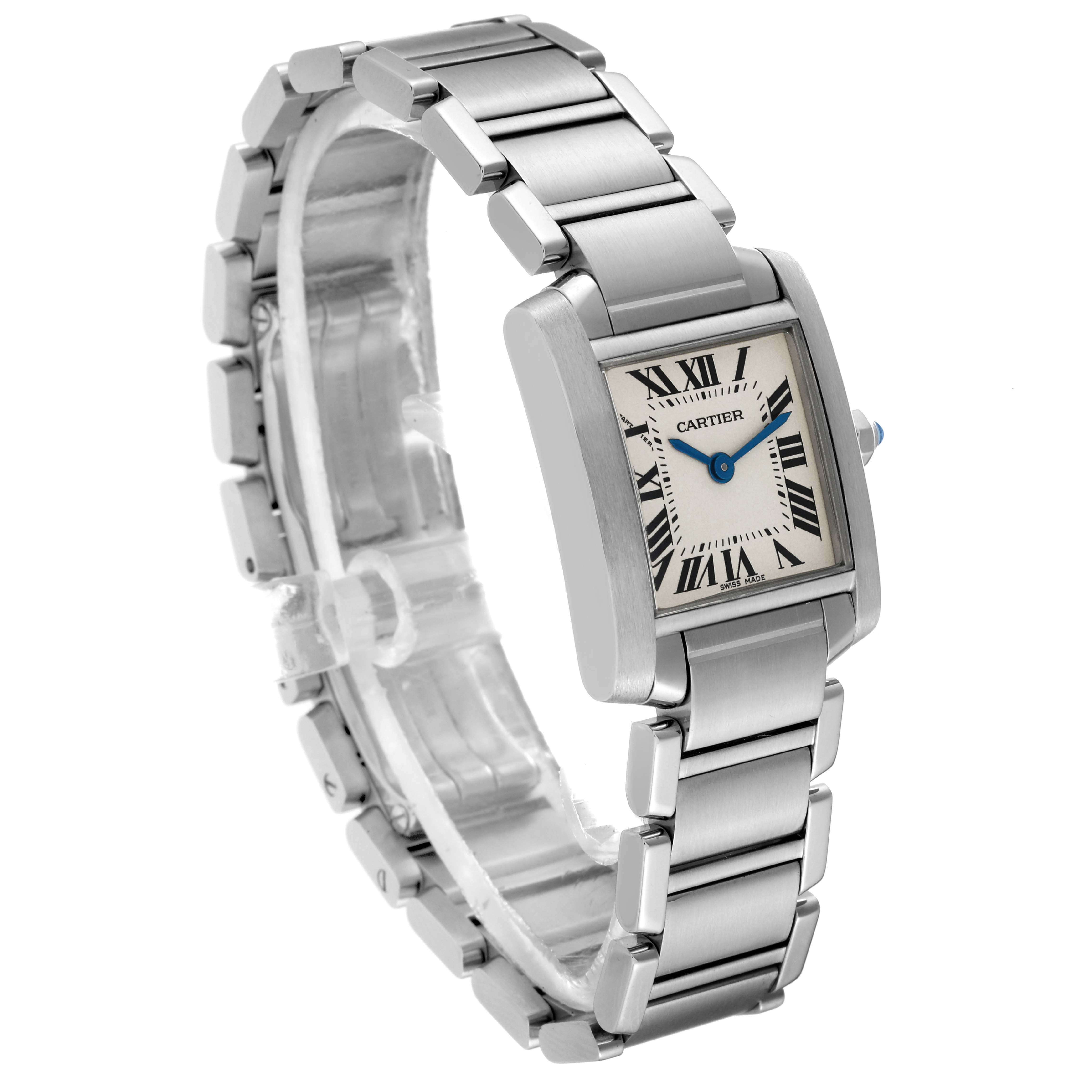 The Cartier Tank Francaise W51008Q3 Women's Stainless Steel Silver Dial W51008Q3 Women's Stainless Steel Silver Dial model is shown at an angled side view, highlighting the face, bracelet, and crown.