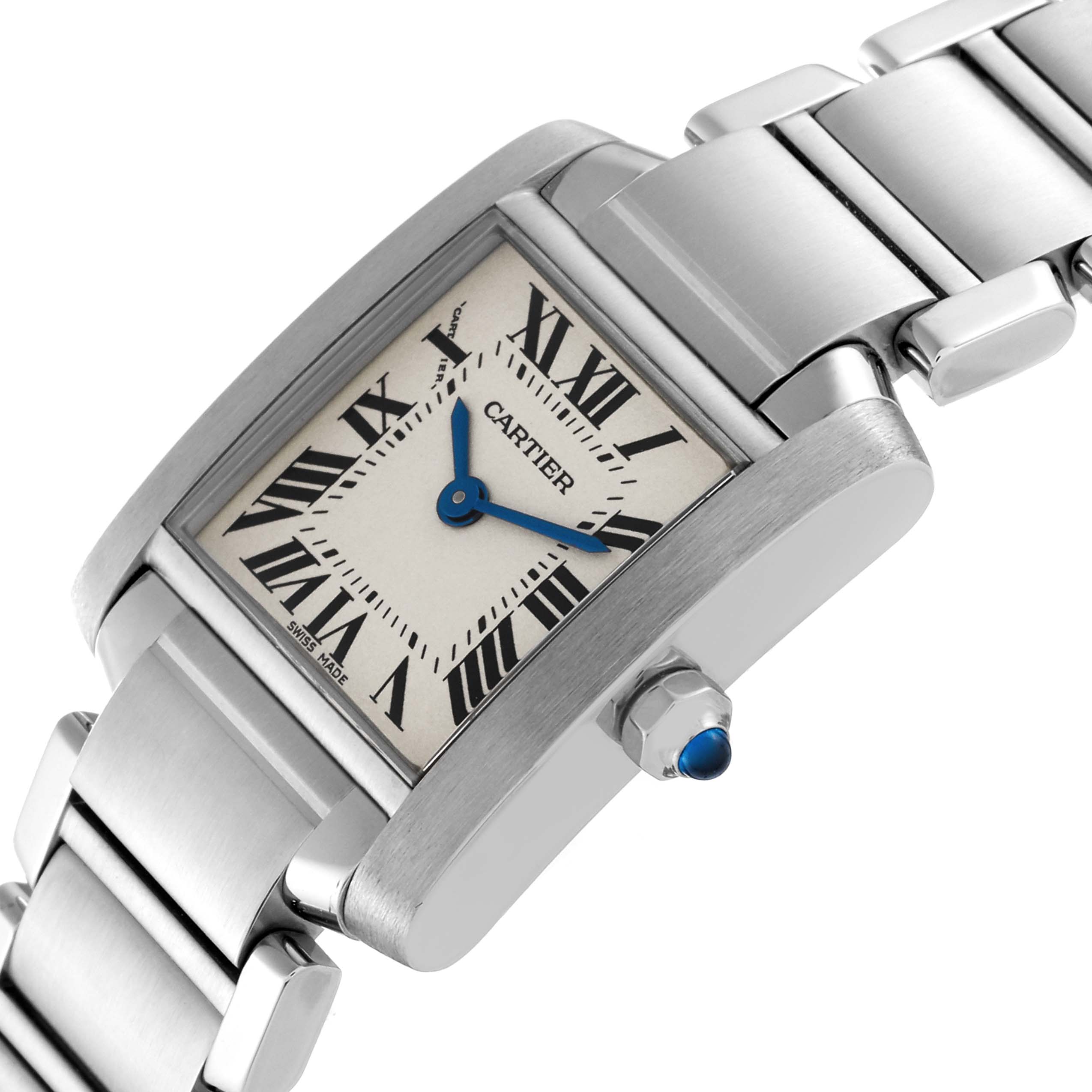 The image shows a Cartier Tank Francaise W51008Q3 Women's Stainless Steel Silver Dial W51008Q3 Women's Stainless Steel Silver Dial watch at an angled close-up, highlighting its face, Roman numerals, blue hands, and part of its metal bracelet.