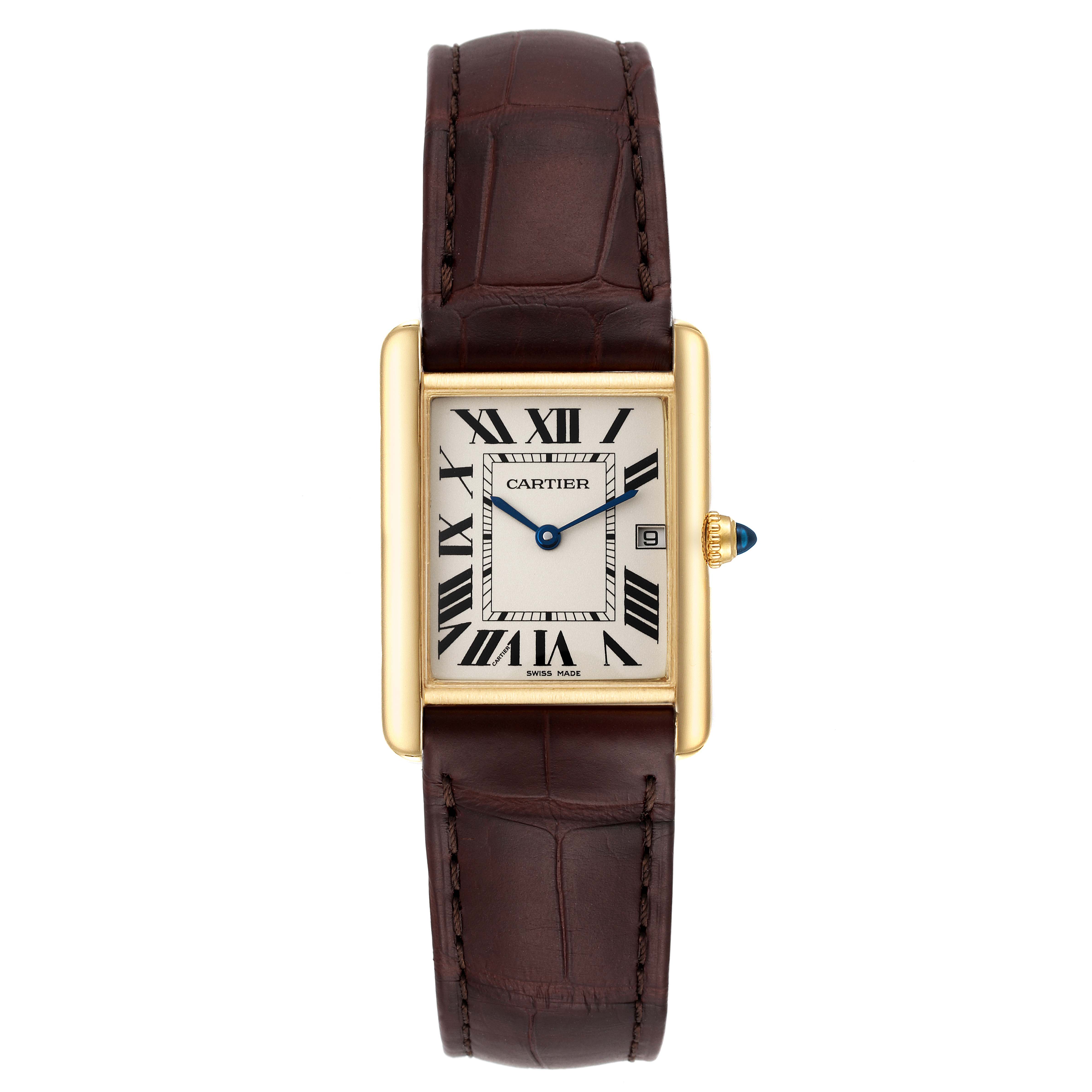 The image shows a Tank Louis model by Cartier from a front angle, featuring a brown leather strap, rectangular dial, and gold case.