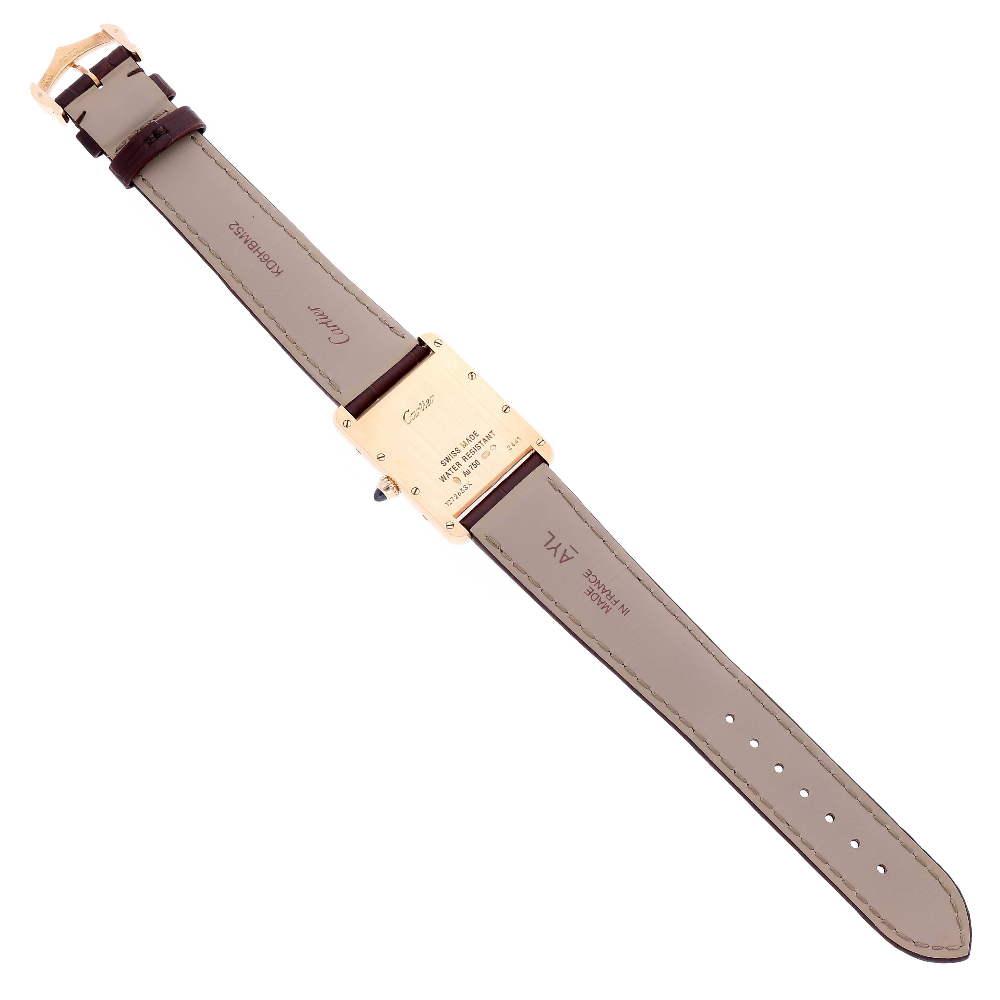 This image shows the back of a Cartier Tank Louis W1529756 Men
s Yellow Gold Silver Dial W1529756 Men
s Yellow Gold Silver Dial watch, displaying the case back, leather strap, and buckle.