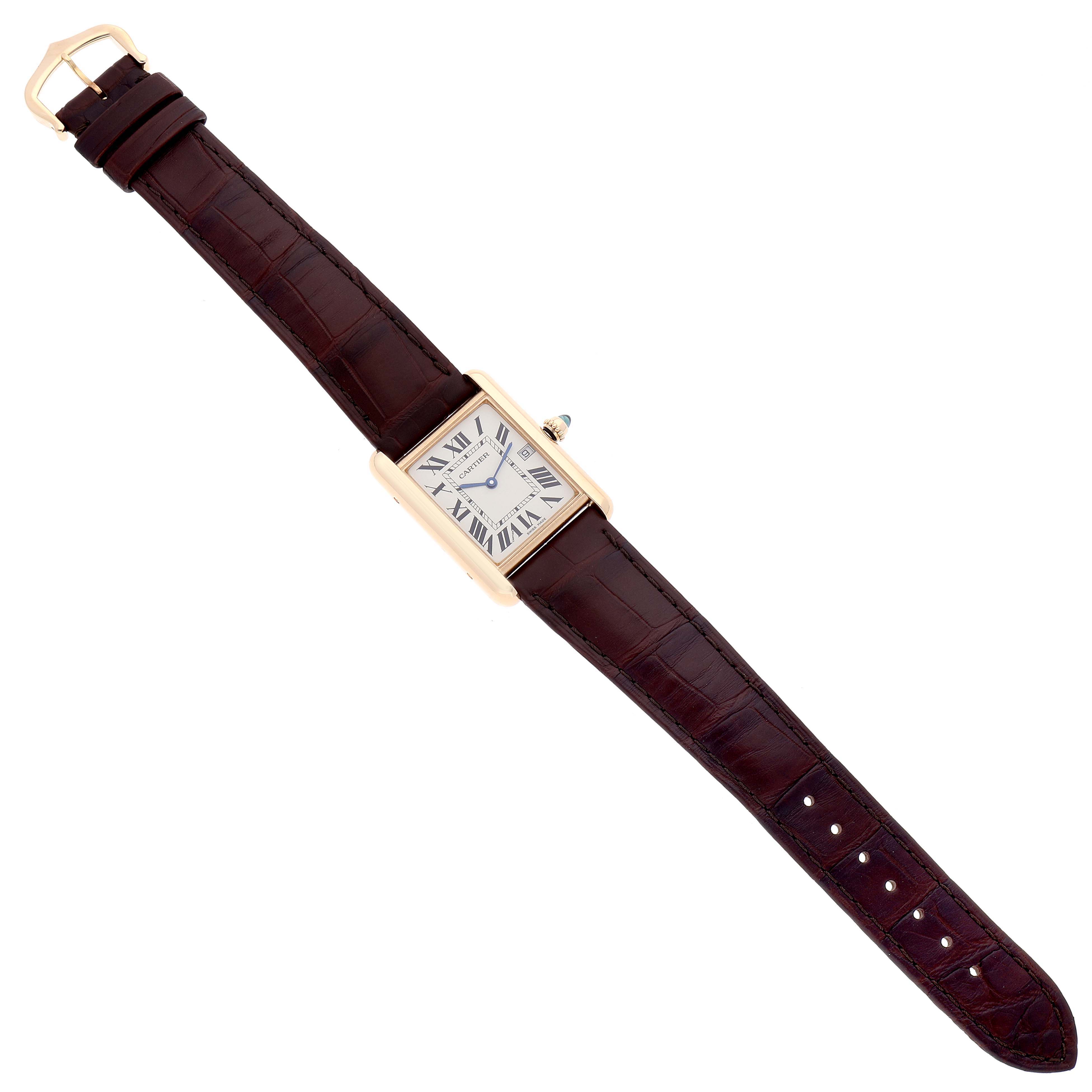 The Tank Louis model by Cartier is shown from a top-down angle, displaying the full watch and strap.