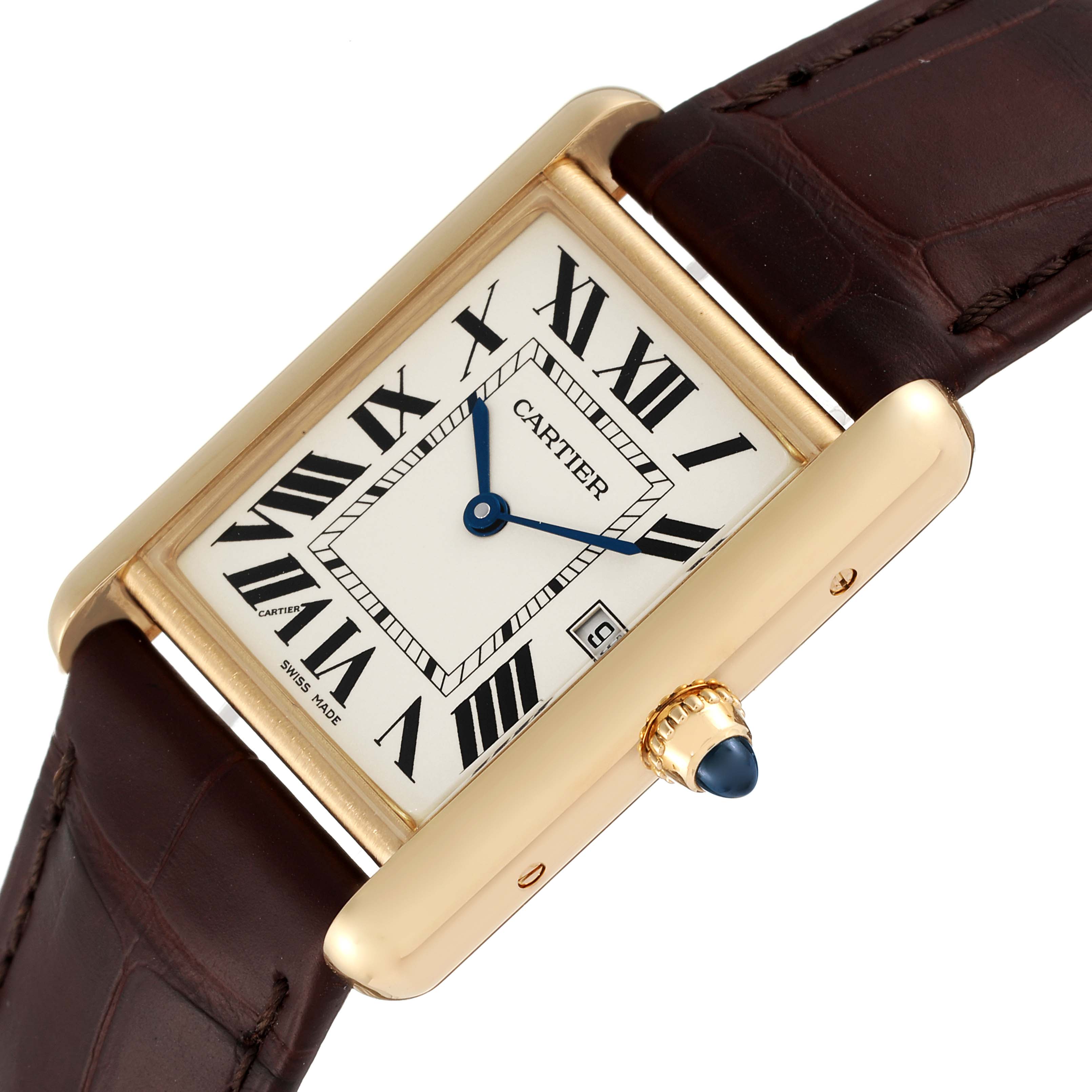 The image shows a Cartier Tank Louis W1529756 Men
s Yellow Gold Silver Dial W1529756 Men
s Yellow Gold Silver Dial watch
s face and right side at an angle, highlighting the crown and leather strap.