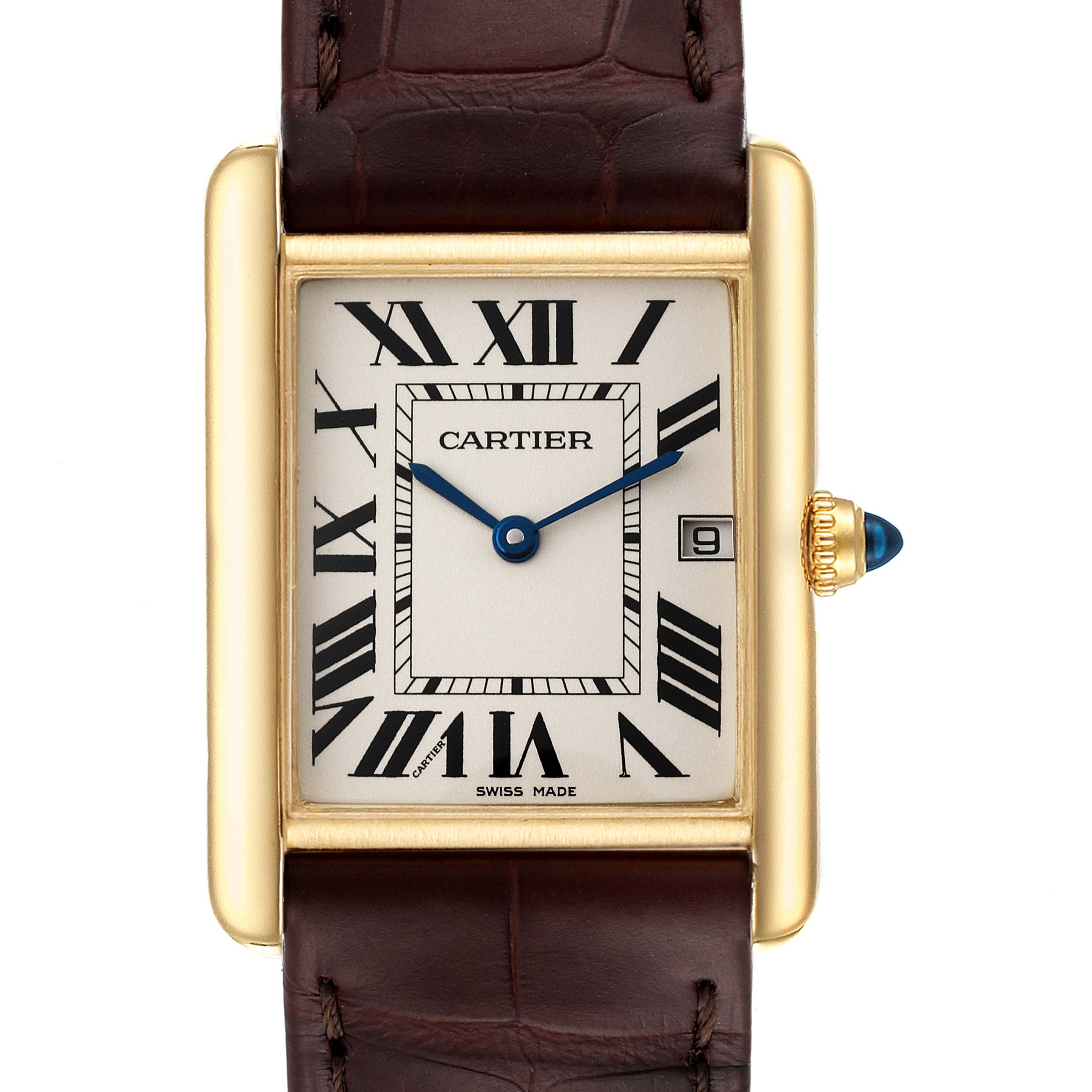 The image shows a frontal view of the Cartier Tank Louis W1529756 Men
s Yellow Gold Silver Dial W1529756 Men
s Yellow Gold Silver Dial model watch, highlighting its rectangular dial, brown leather strap, and blue-accented crown.