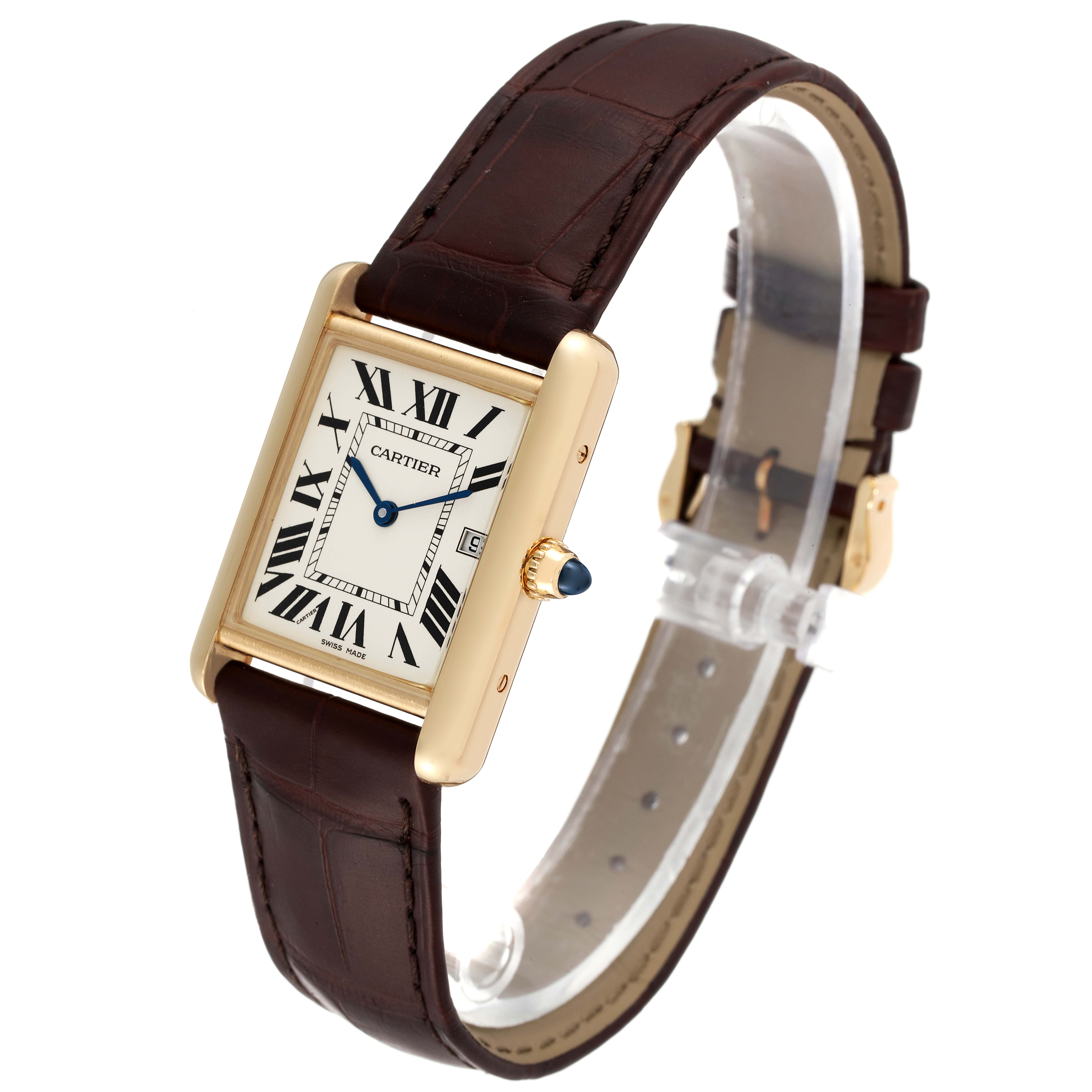 The image shows a Cartier Tank Louis W1529756 Men
s Yellow Gold Silver Dial W1529756 Men
s Yellow Gold Silver Dial watch from a front-side angle, highlighting its rectangular dial, leather strap, and crown with a blue cabochon.